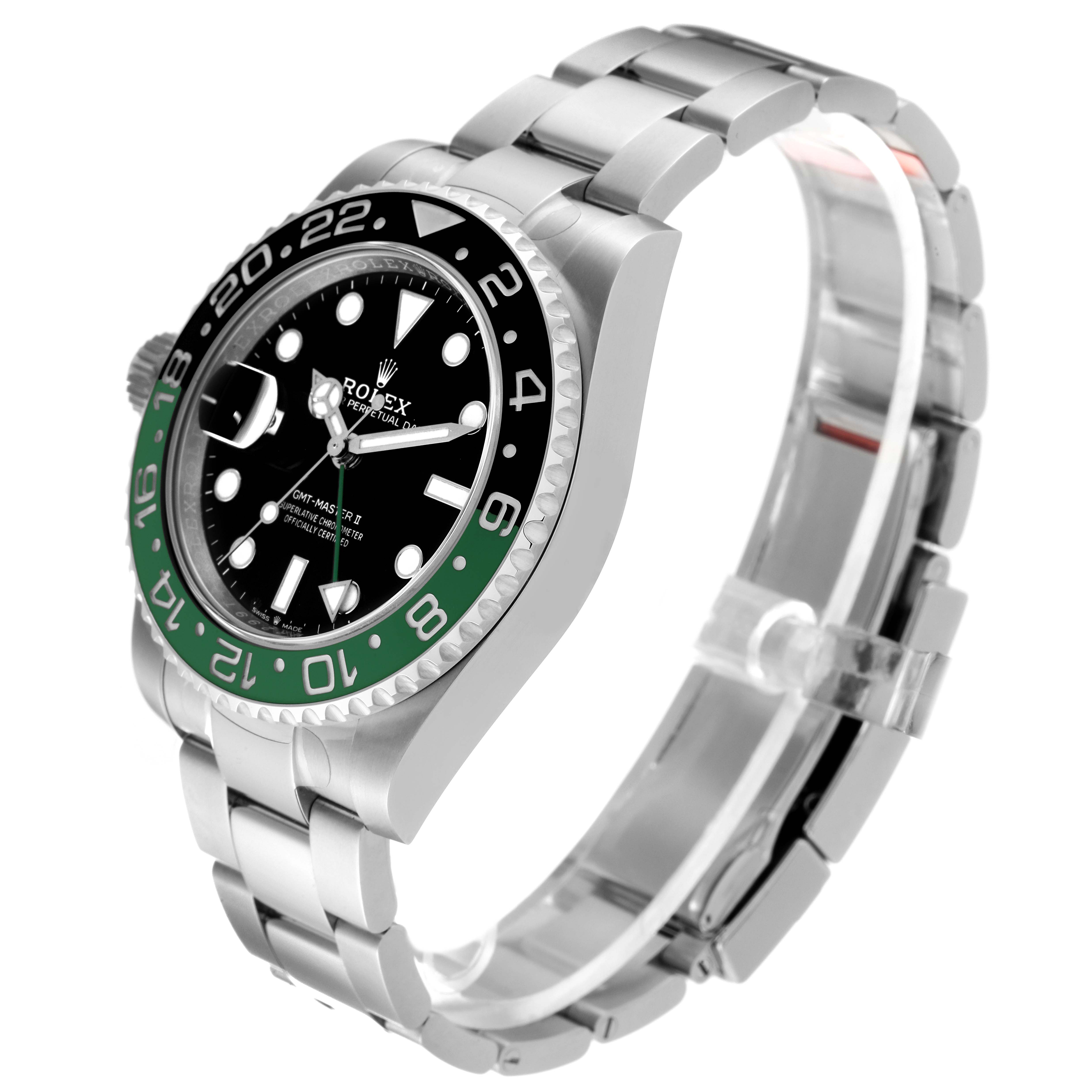 This image shows a side and front angle view of a Rolex GMT-Master 126720VTNR-0001 Men
s Stainless Steel Black Dial 126720VTNR-0001 Men
s Stainless Steel Black Dial II watch, highlighting the bezel, dial, and bracelet.