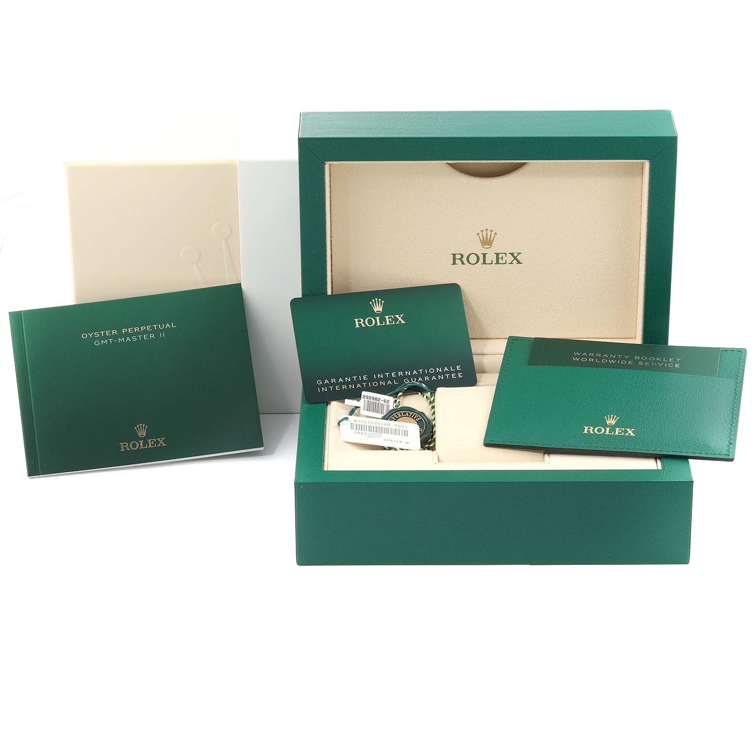 The image shows the Rolex GMT-Master 126720VTNR-0001 Men
s Stainless Steel Black Dial 126720VTNR-0001 Men
s Stainless Steel Black Dial watch box, warranty booklet, manual, and tags from a front angle.