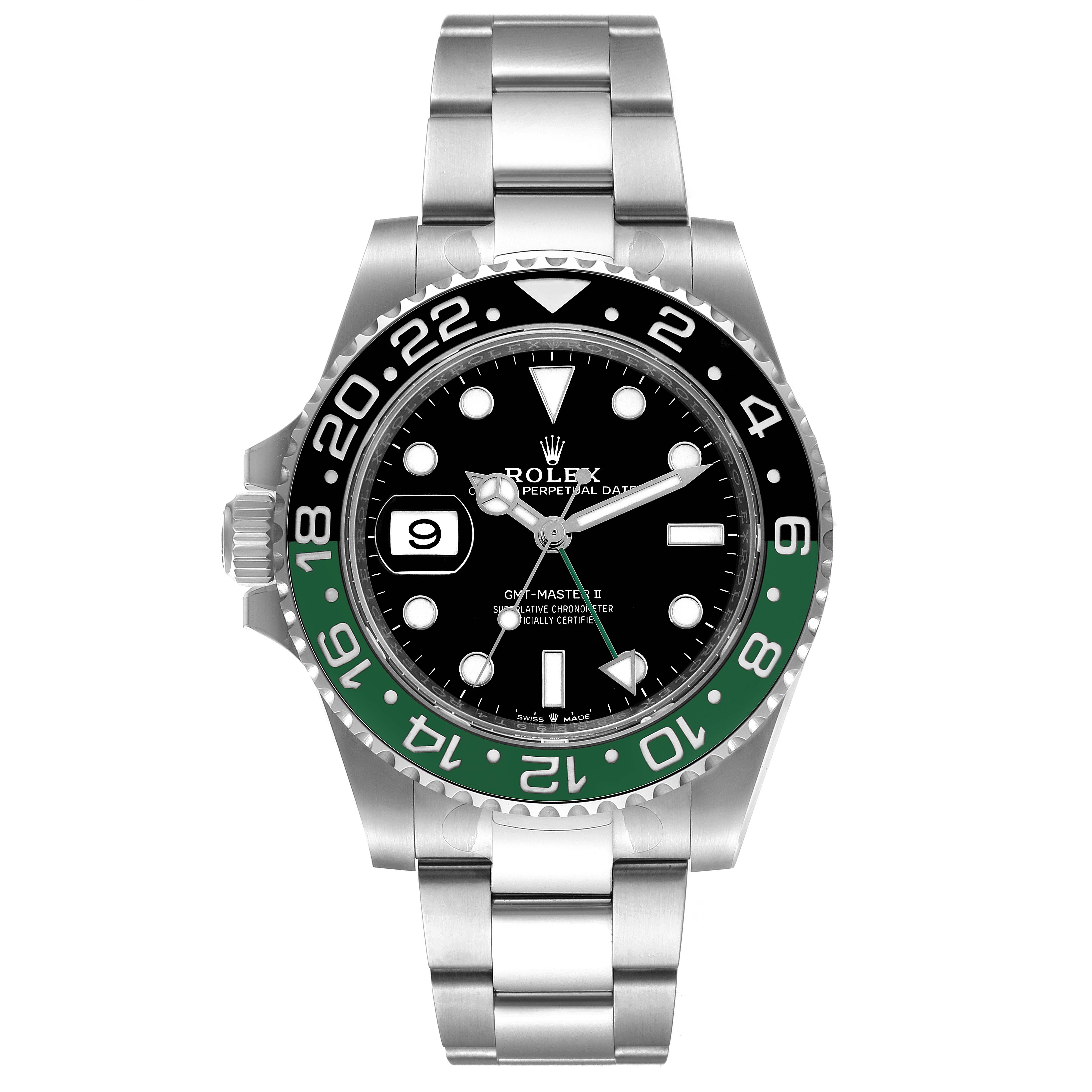 This Rolex GMT-Master 126720VTNR-0001 Men
s Stainless Steel Black Dial 126720VTNR-0001 Men
s Stainless Steel Black Dial model watch is shown from a front angle, highlighting its dial, bezel, and bracelet.
