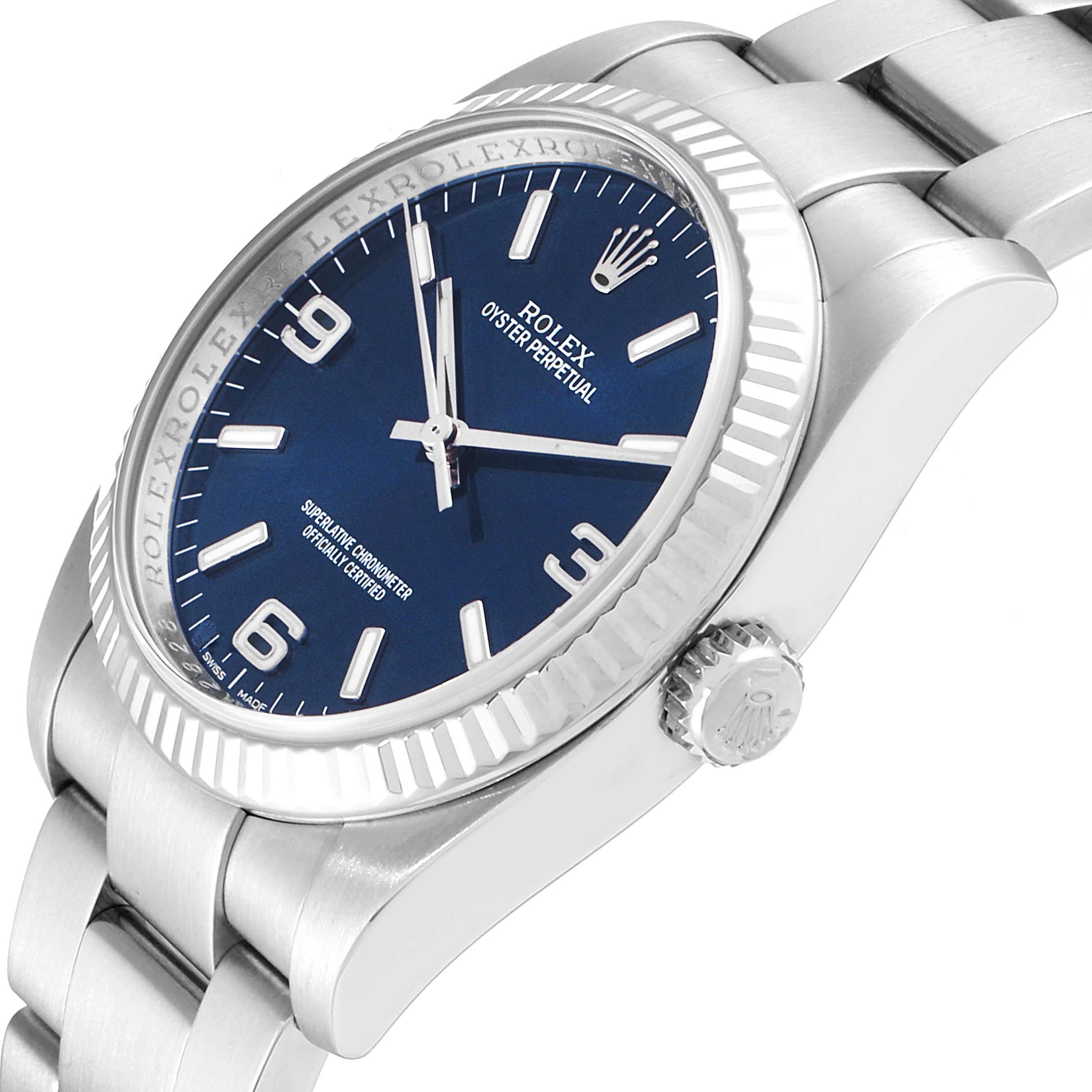 This image shows a side angle of a Rolex Oyster Perpetual 116034 Men's Stainless Steel Blue Dial 116034 Men's Stainless Steel Blue Dial watch, focusing on the bezel, dial, crown, and part of the bracelet.