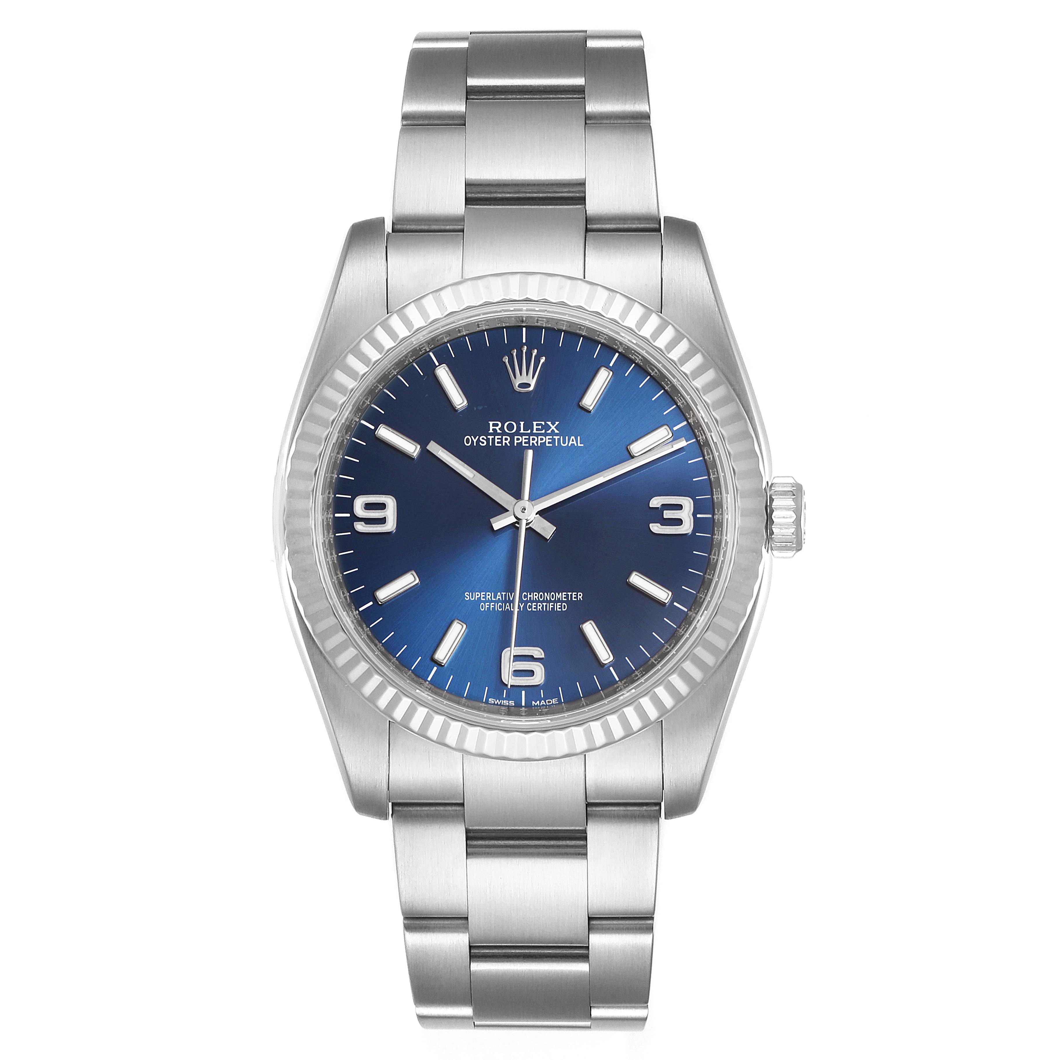 The image shows a front view of the Rolex Oyster Perpetual 116034 Men's Stainless Steel Blue Dial 116034 Men's Stainless Steel Blue Dial watch, featuring a blue dial, fluted bezel, and metal bracelet.