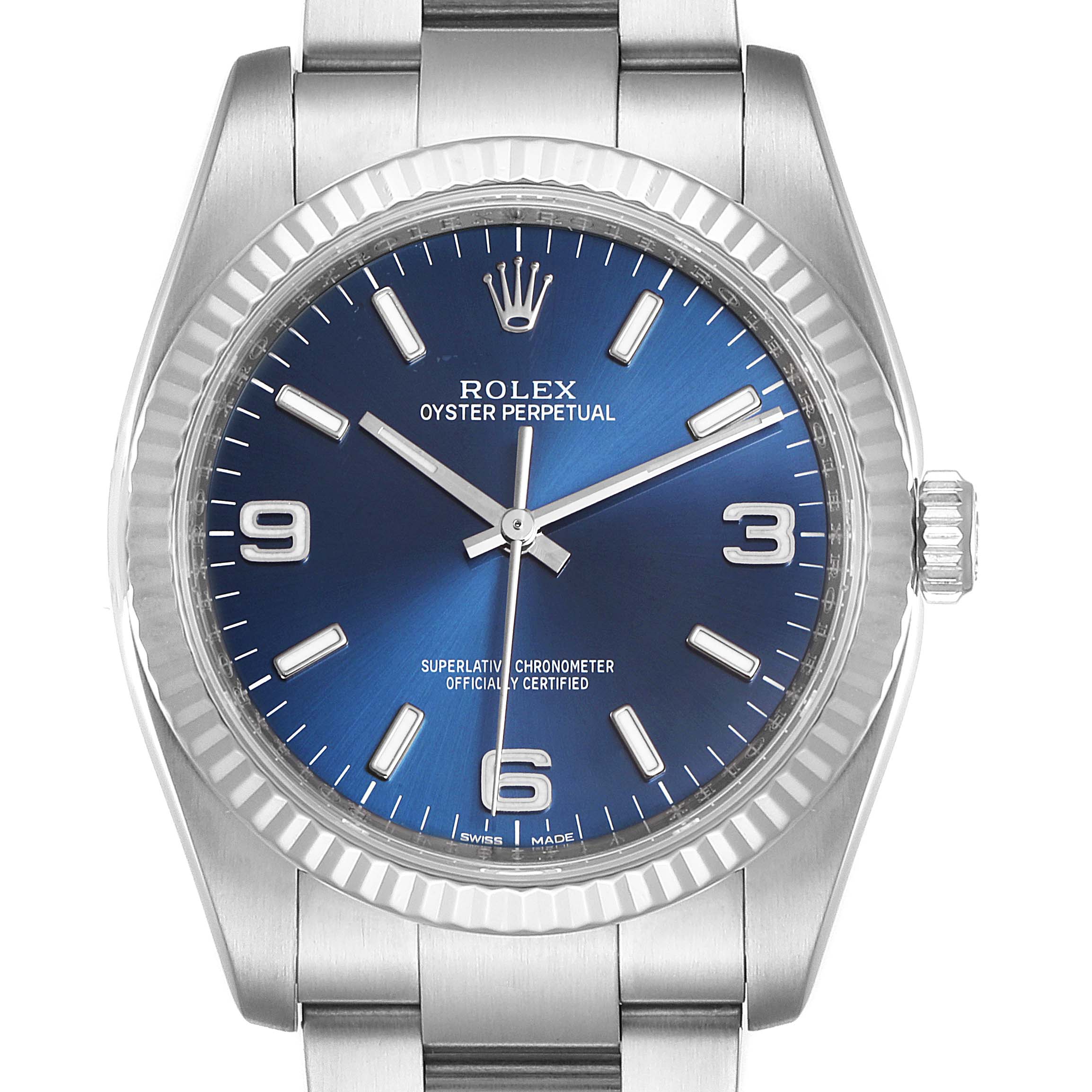 The image shows a frontal view of the Rolex Oyster Perpetual 116034 Men's Stainless Steel Blue Dial 116034 Men's Stainless Steel Blue Dial watch, featuring its blue dial, hour markers, and the crown.