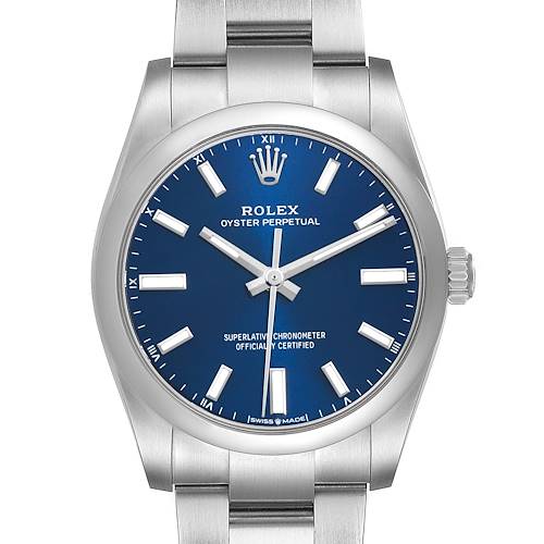 The Rolex Oyster Perpetual 124200 Mens Stainless Steel Blue Dial watch is shown from the front, highlighting its blue dial, markers, and stainless steel case and bracelet.