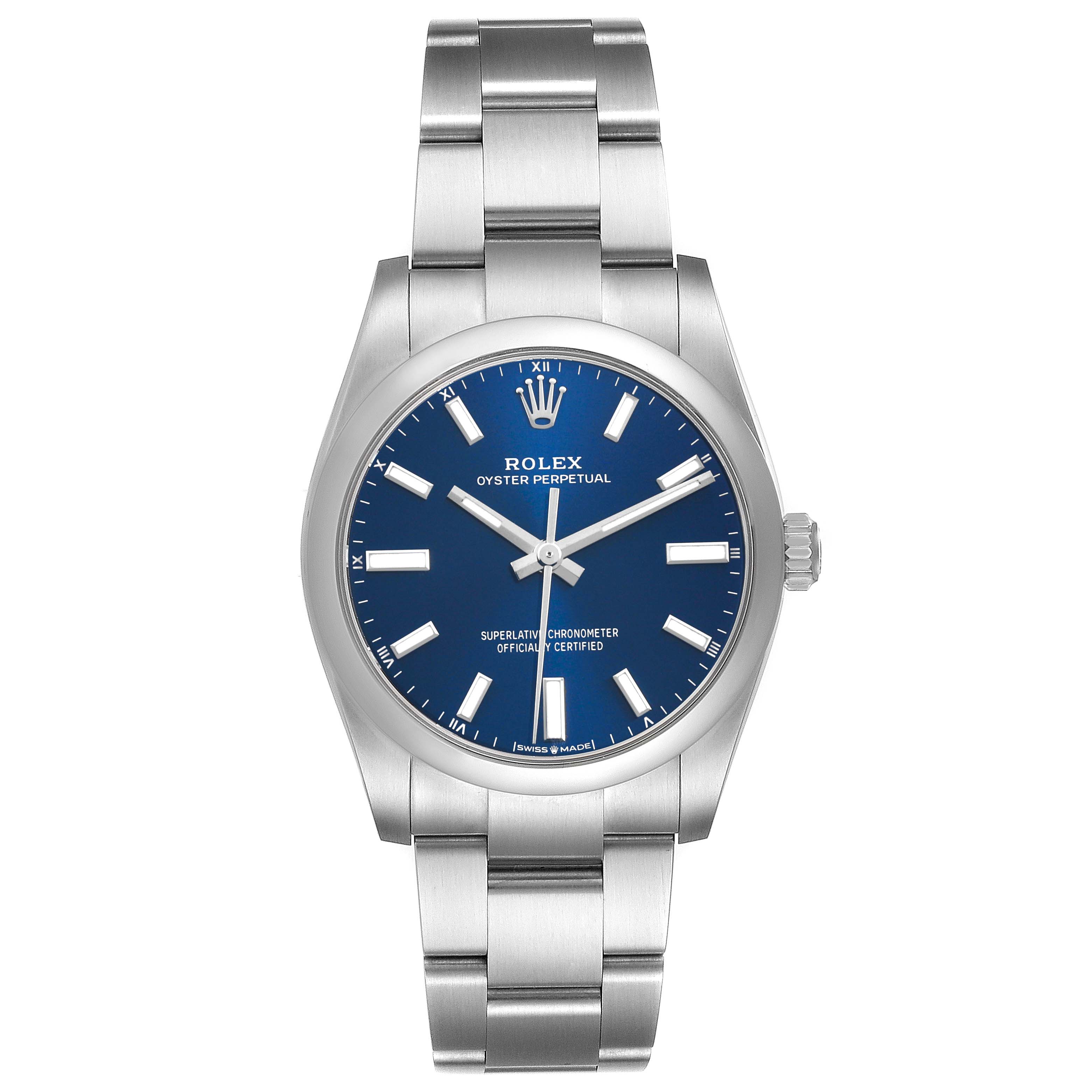 The Rolex Oyster Perpetual 124200 Men's Stainless Steel Blue Dial watch is shown from a top-down angle, highlighting the face, bezel, and bracelet.