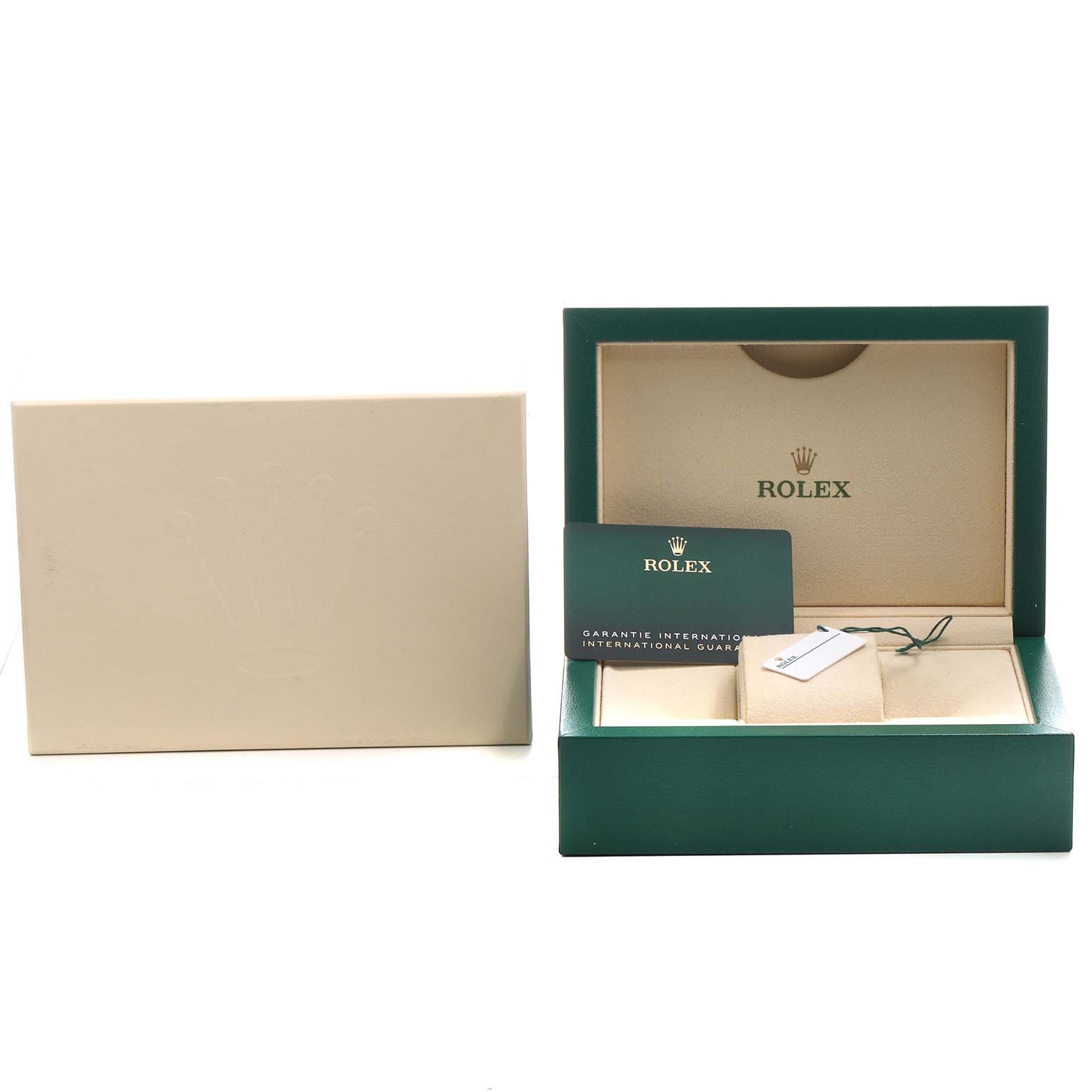 The image shows a Rolex Oyster Perpetual 124200 Men's Stainless Steel Blue Dial box with a certificate card and tag displayed, viewed from the front.