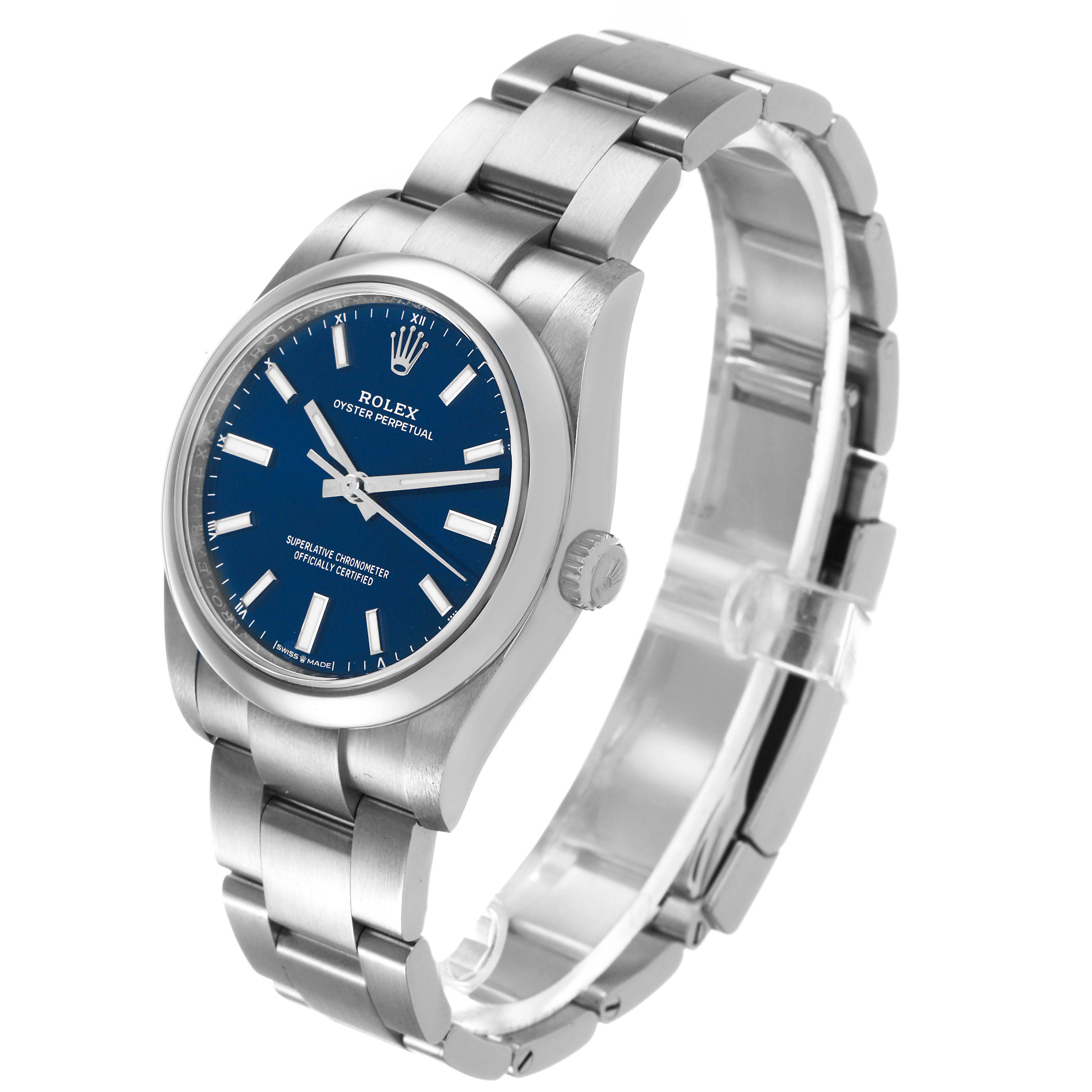 The Rolex Oyster Perpetual 124200 Men's Stainless Steel Blue Dial watch is shown at a three-quarter angle, displaying the face, crown, and steel bracelet.