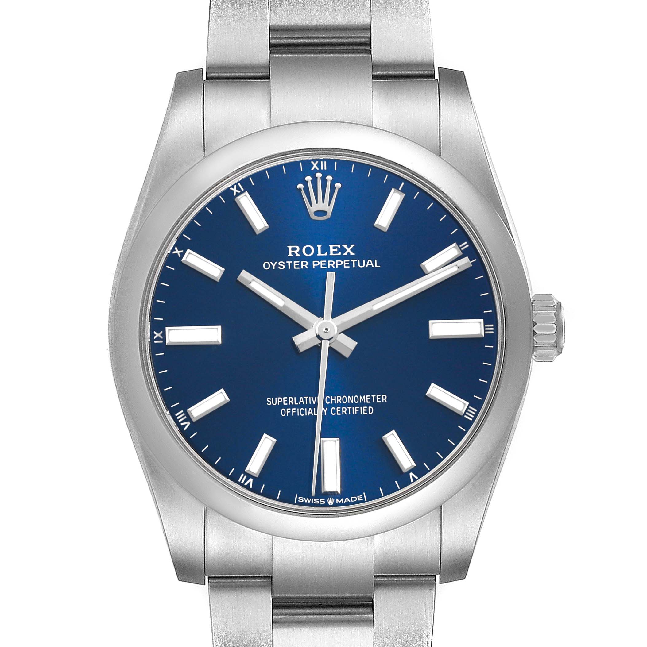 The Rolex Oyster Perpetual 124200 Men's Stainless Steel Blue Dial watch is shown from the front, highlighting its blue dial, hands, hour markers, and metal bracelet.
