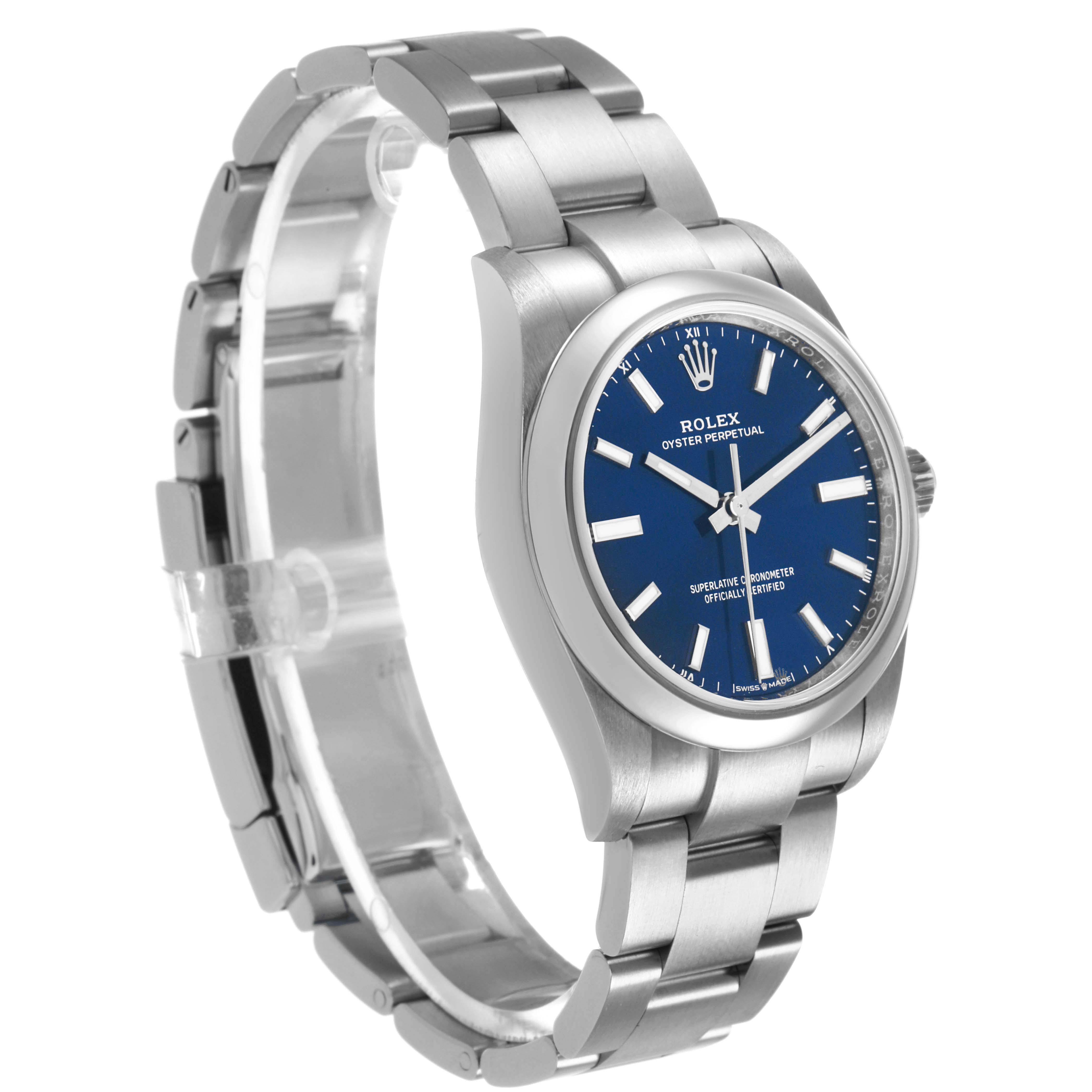 The Rolex Oyster Perpetual 124200 Men's Stainless Steel Blue Dial watch is shown at a three-quarter angle, highlighting the blue dial, bezel, and bracelet.