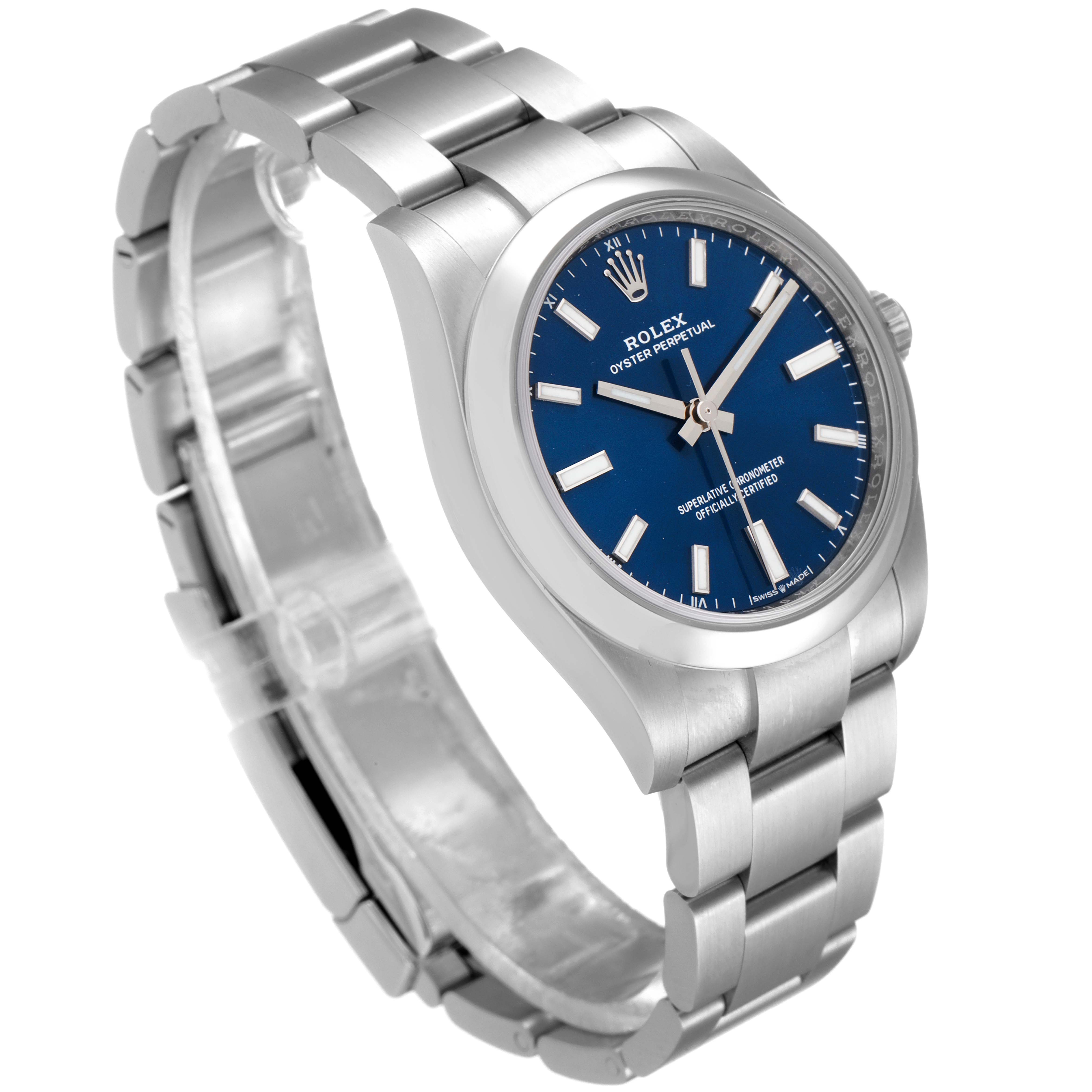 The Rolex Oyster Perpetual 124200 Men
s Stainless Steel Blue Dial 124200 Men
s Stainless Steel Blue Dial watch is shown at an angled view, highlighting the blue dial, stainless steel bracelet, and case.