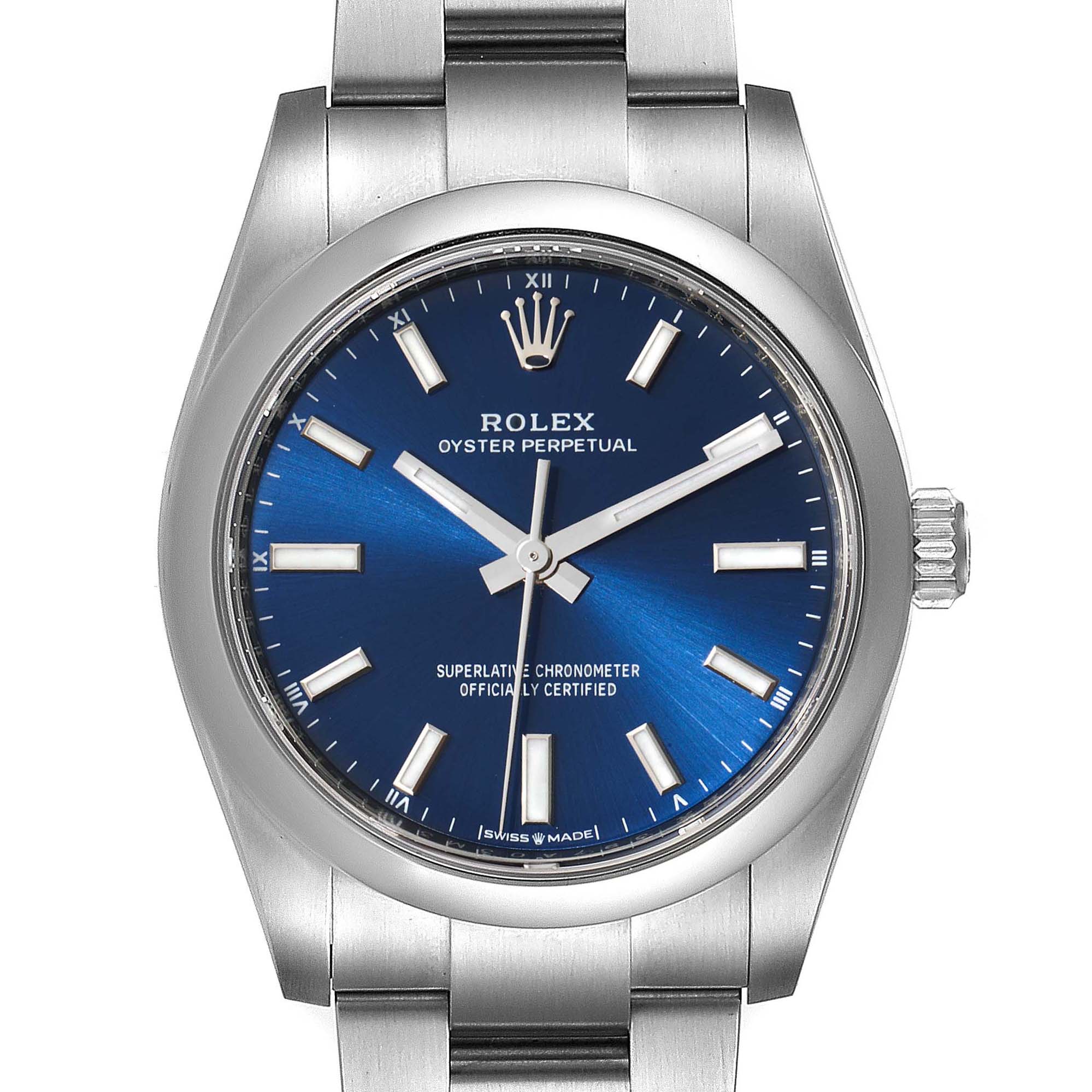 This image shows a front view of a Rolex Oyster Perpetual 124200 Men
s Stainless Steel Blue Dial 124200 Men
s Stainless Steel Blue Dial watch, highlighting its blue dial, crown, and stainless steel bracelet.