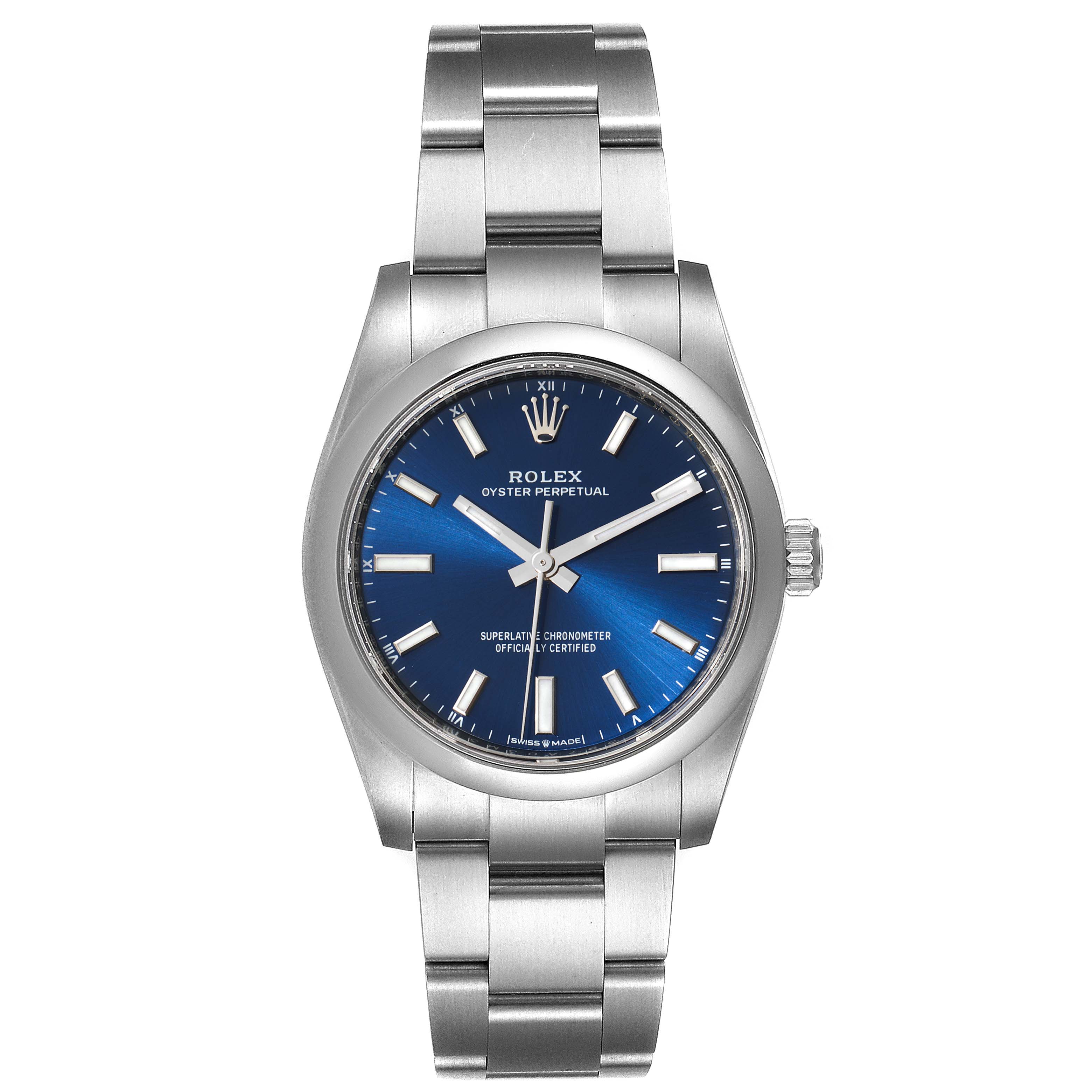This image shows a front view of a Rolex Oyster Perpetual 124200 Men
s Stainless Steel Blue Dial 124200 Men
s Stainless Steel Blue Dial watch with a blue dial and stainless steel bracelet.