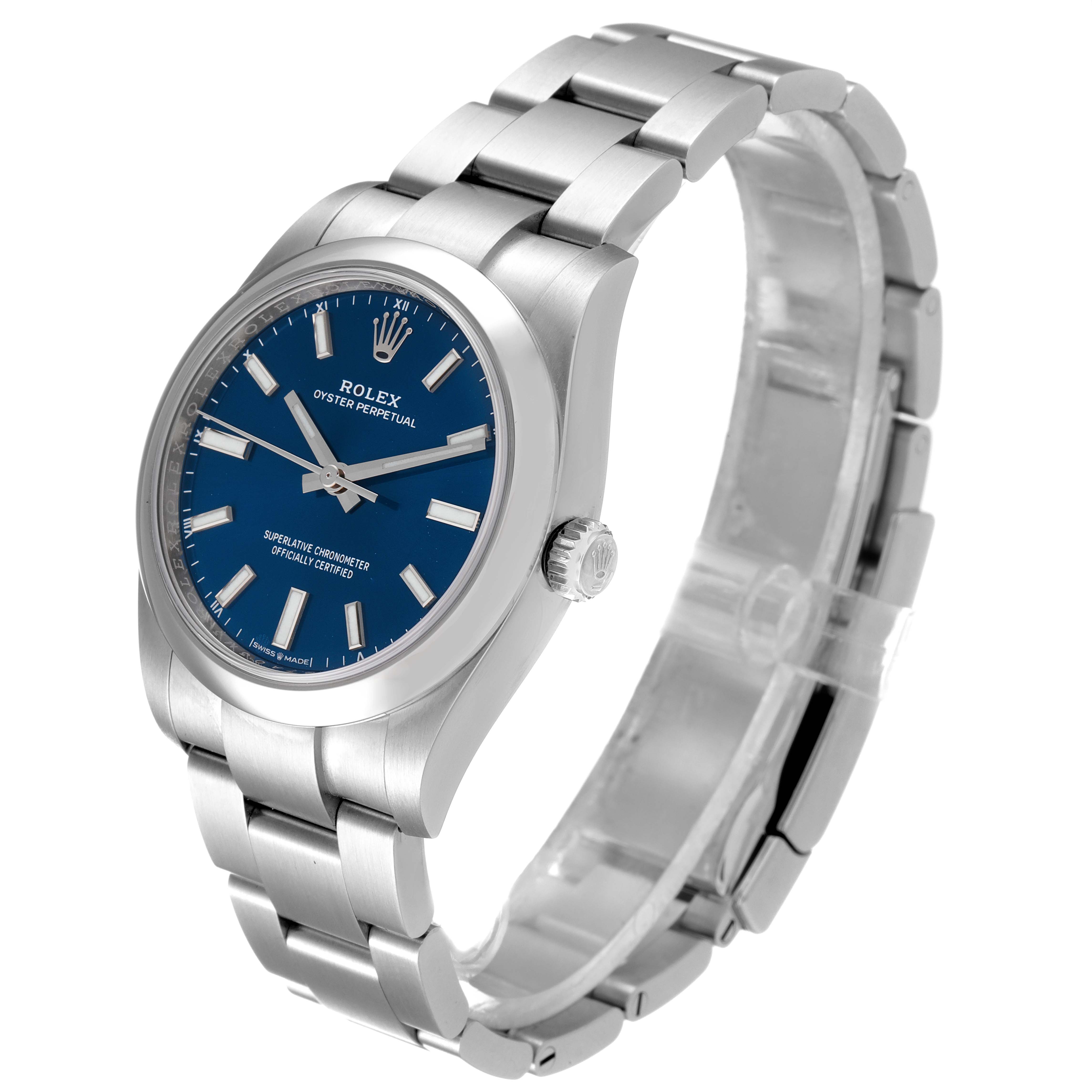 The Rolex Oyster Perpetual 124200 Men
s Stainless Steel Blue Dial 124200 Men
s Stainless Steel Blue Dial watch is shown from a front angle, displaying its blue dial, hour markers, case, crown, and bracelet.
