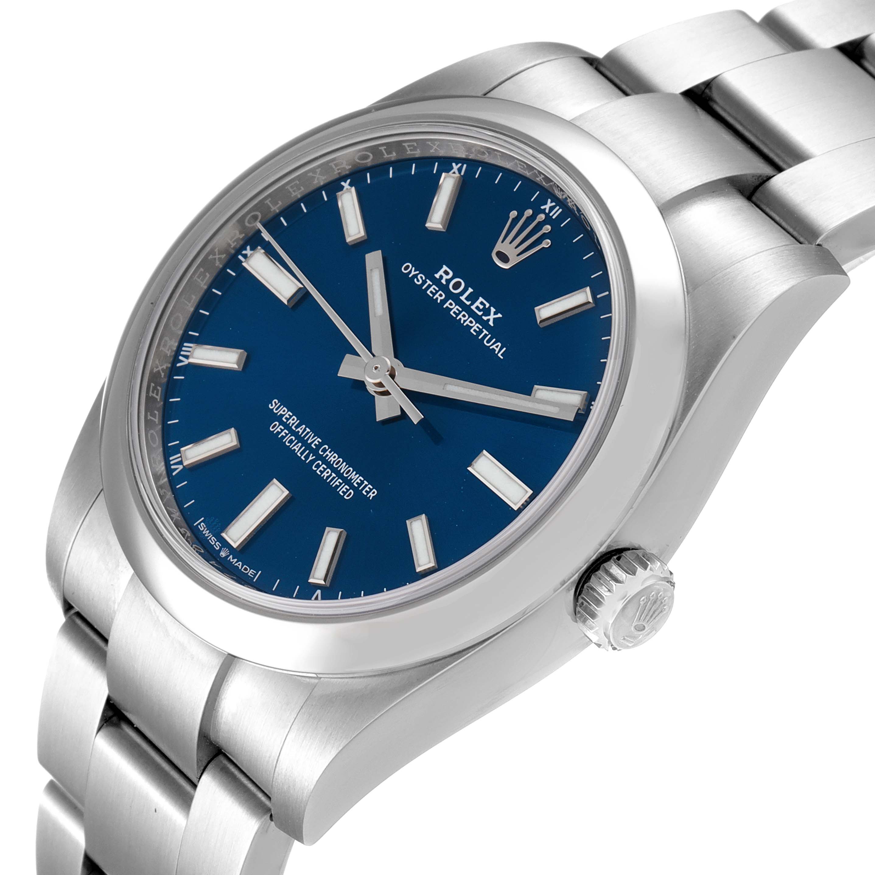 The image shows a Rolex Oyster Perpetual 124200 Men
s Stainless Steel Blue Dial 124200 Men
s Stainless Steel Blue Dial watch at an angled view focusing on the dial, bracelet, and crown.