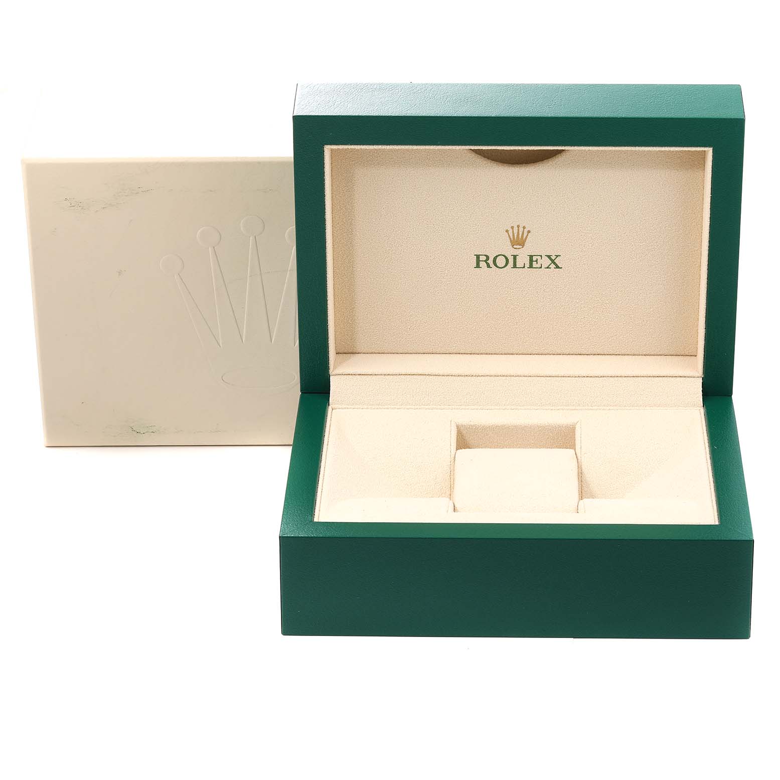 This shows an open green Rolex watch box for the Air-King model with an outer white cardboard box in the background.