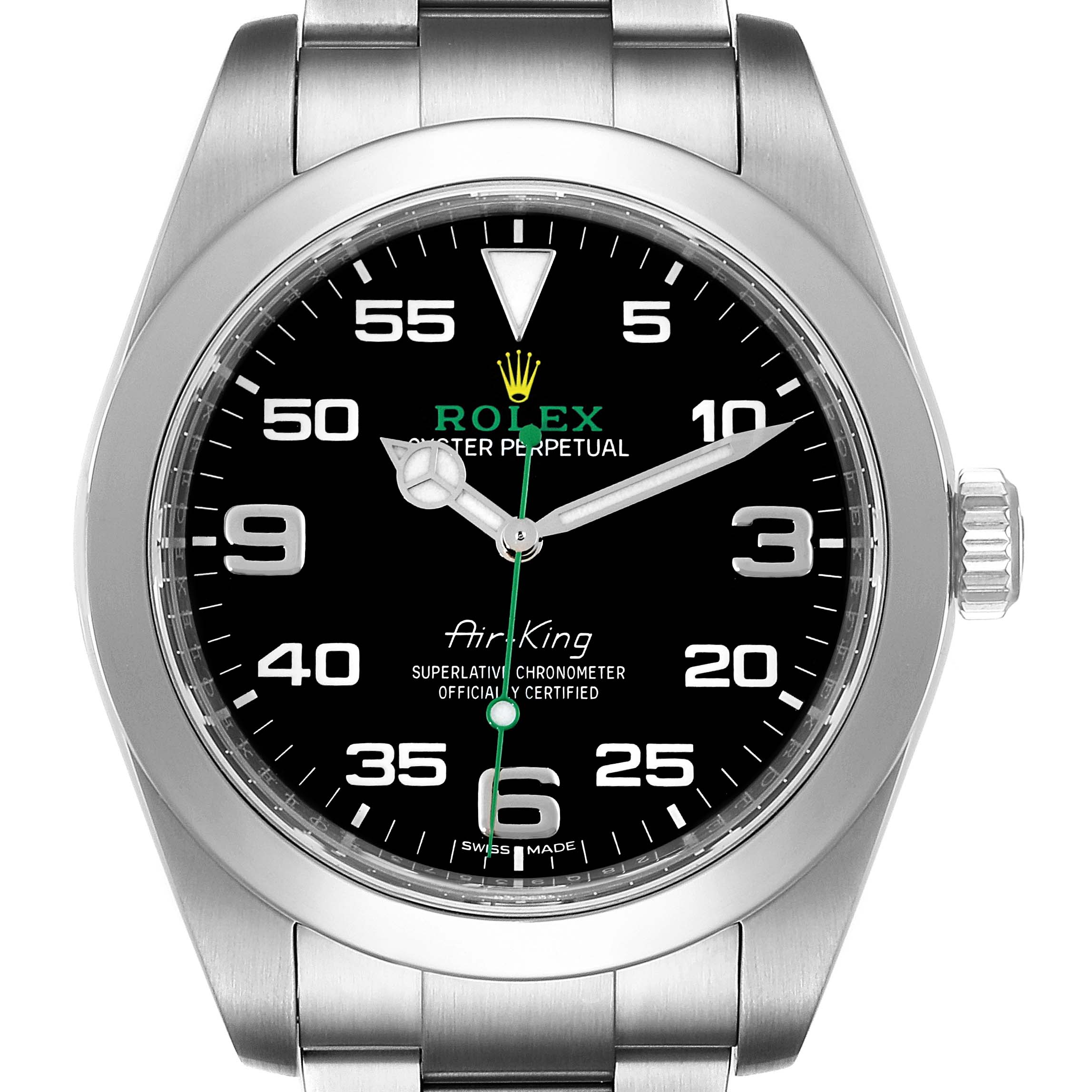This image shows a front view of the Rolex Air-King 116900 Men's Stainless Steel Black Dial 116900 Men's Stainless Steel Black Dial watch, highlighting its dial, hands, and part of the bracelet.
