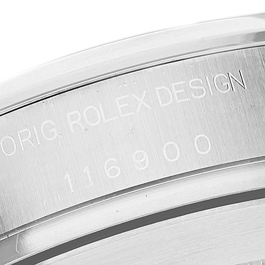 This image shows a close-up of the side casing with the engraved model number of a Rolex Air-King 116900 Men's Stainless Steel Black Dial 116900 Men's Stainless Steel Black Dial watch.