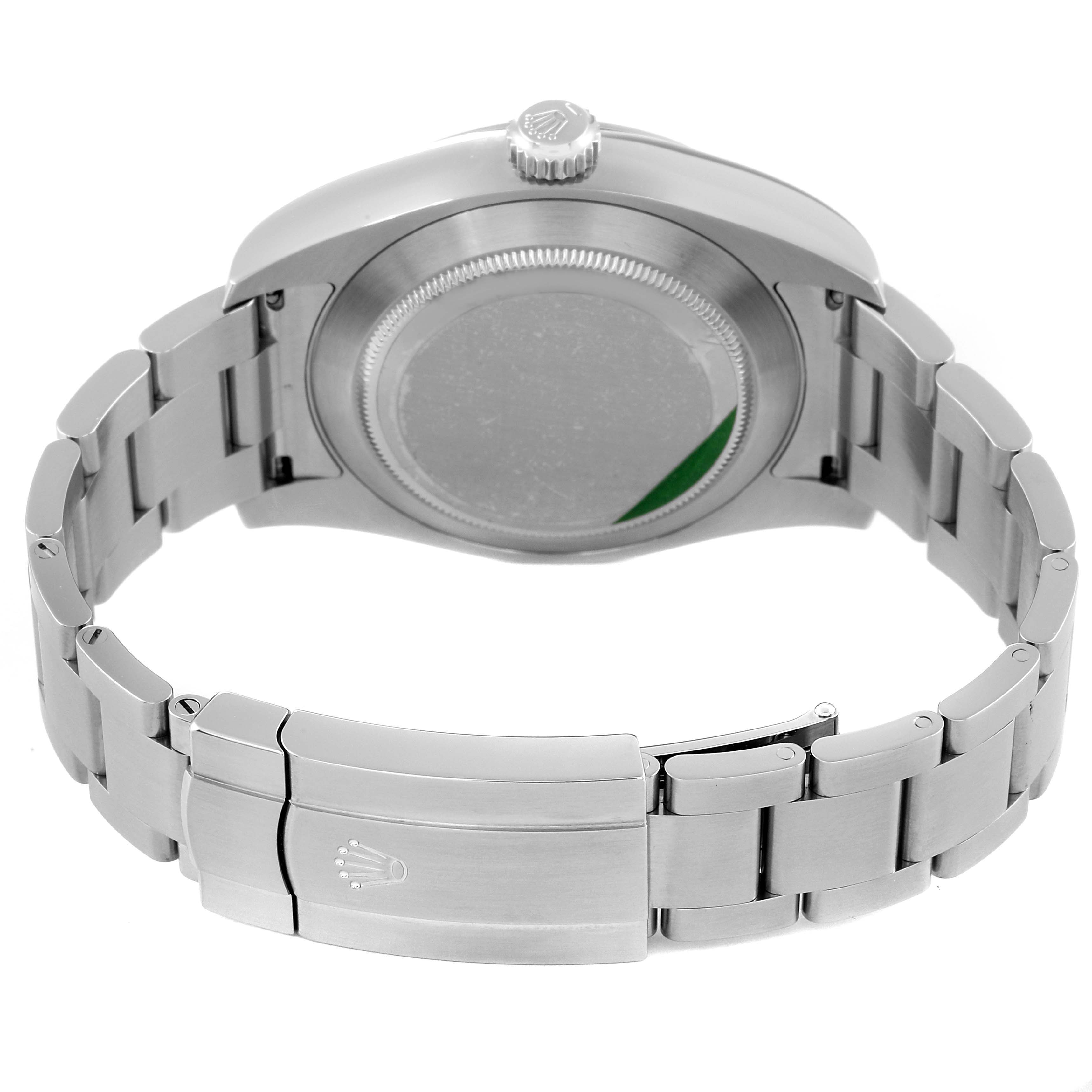 The image shows the back of a Rolex Air-King 116900 Men's Stainless Steel Black Dial 116900 Men's Stainless Steel Black Dial watch, highlighting its bracelet, clasp, and case back.