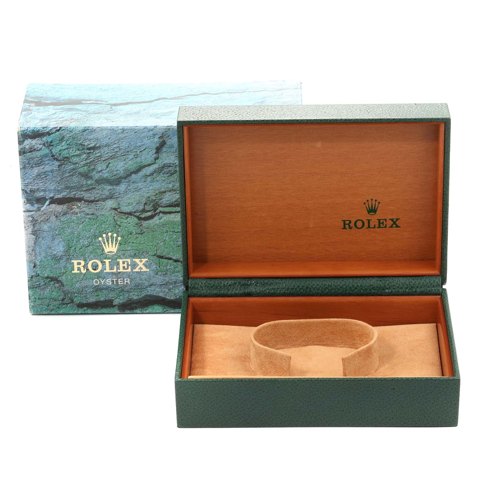 This image shows an open Rolex Oyster Perpetual 14203 Men's Steel and Gold (two tone) Grey Dial 14203 Men's Steel and Gold (two tone) Grey Dial watch box with an outer box in the background.