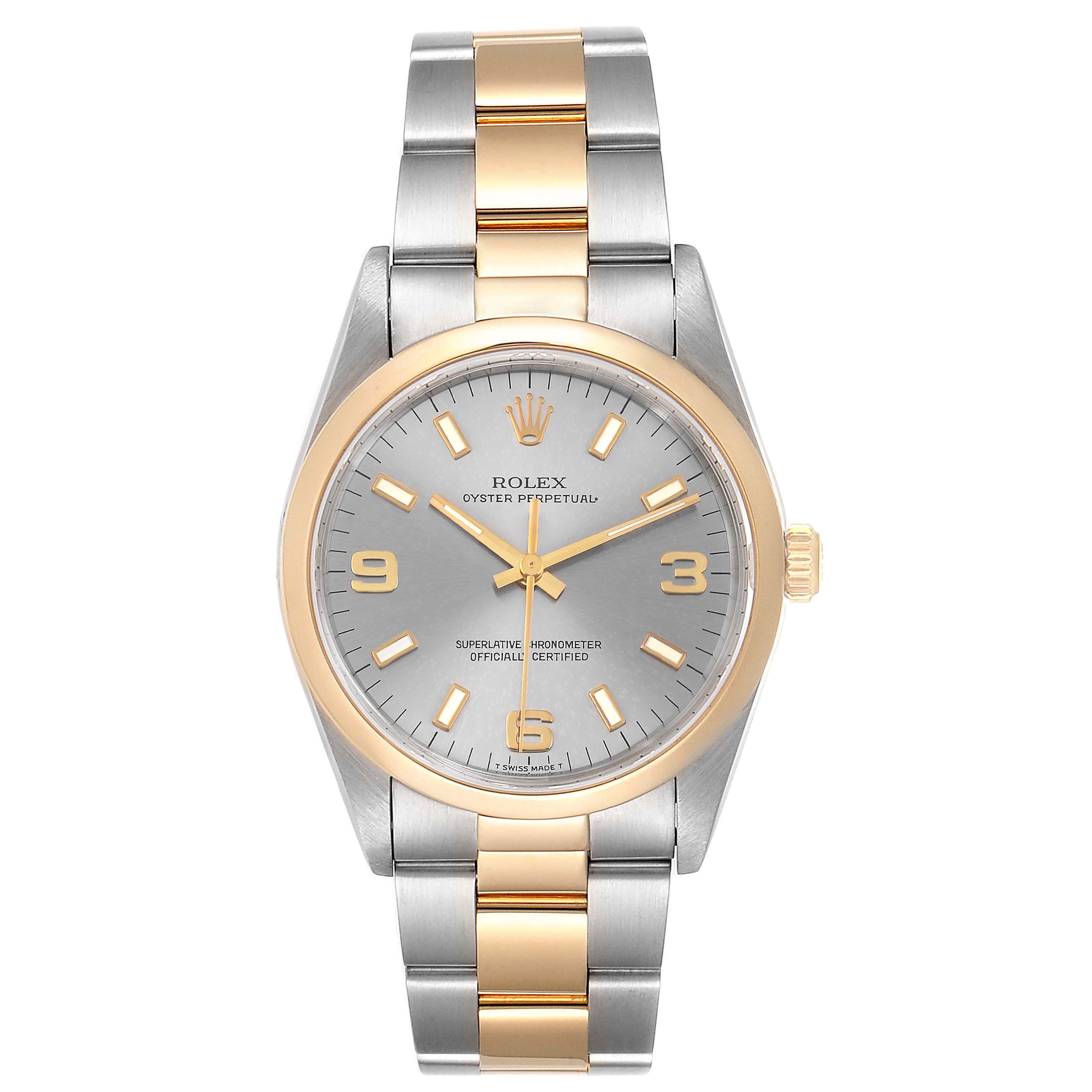 This image shows a front view of a Rolex Oyster Perpetual 14203 Men's Steel and Gold (two tone) Grey Dial 14203 Men's Steel and Gold (two tone) Grey Dial watch featuring a two-tone bracelet and a gold bezel.