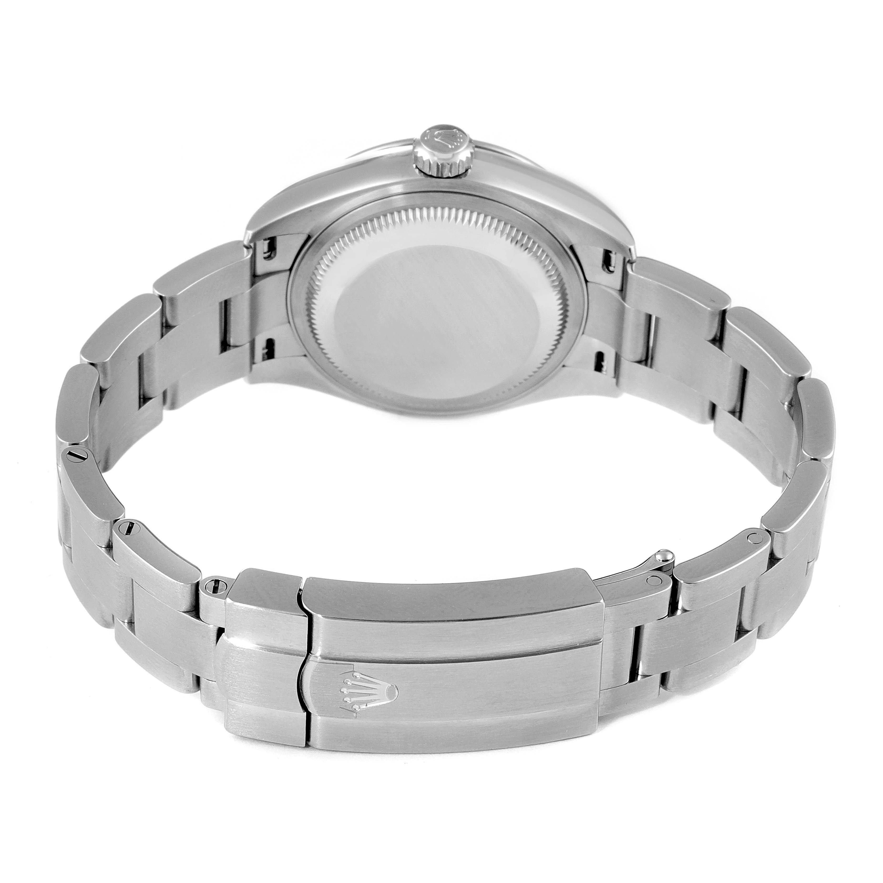 The image shows the back and bracelet of a Rolex Oyster Perpetual 276200 Women
s Stainless Steel Blue Dial 276200 Women
s Stainless Steel Blue Dial watch from a rear angle.