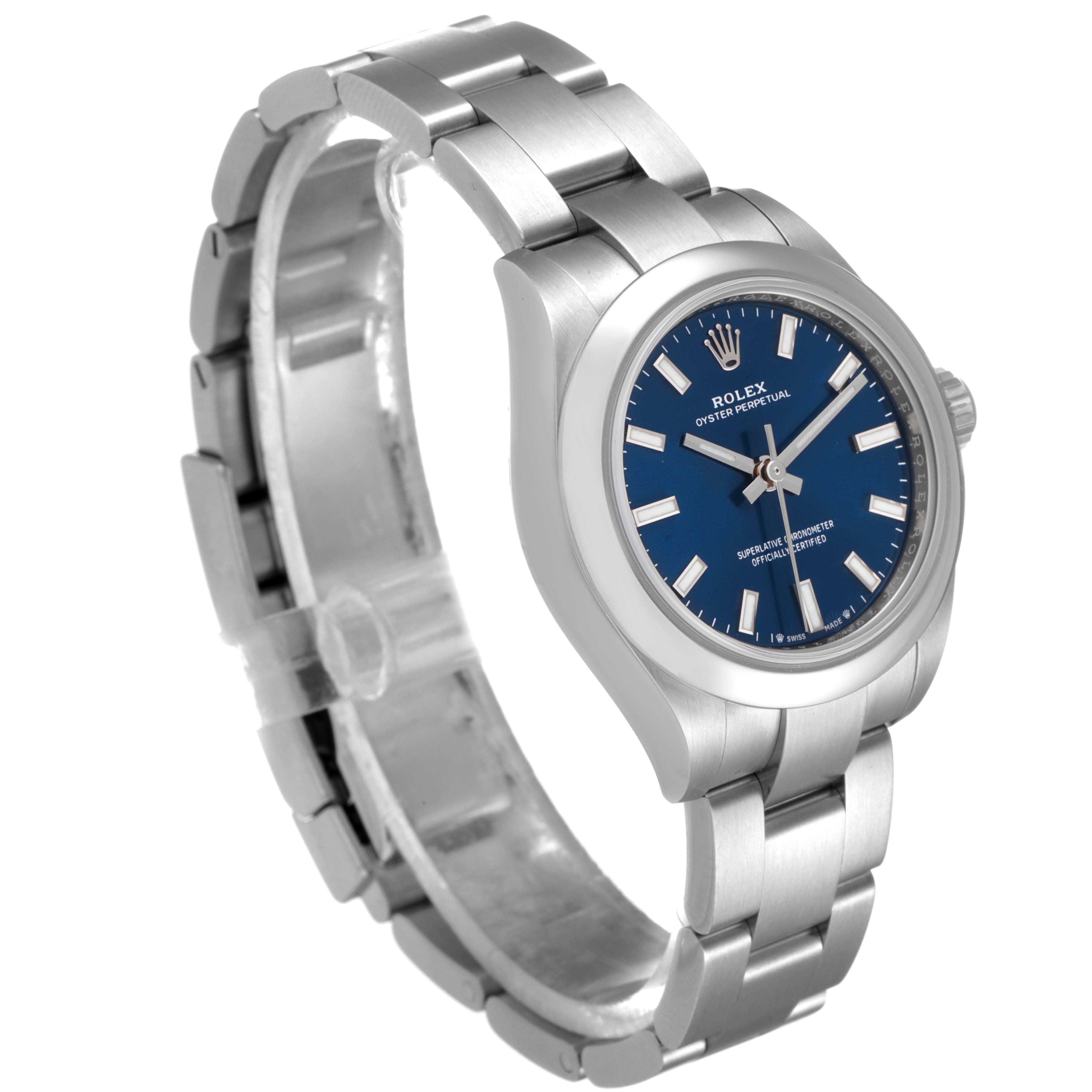 This image shows a side-angle view of the Rolex Oyster Perpetual 276200 Women
s Stainless Steel Blue Dial 276200 Women
s Stainless Steel Blue Dial watch displaying its stainless steel case, bracelet, and blue dial.