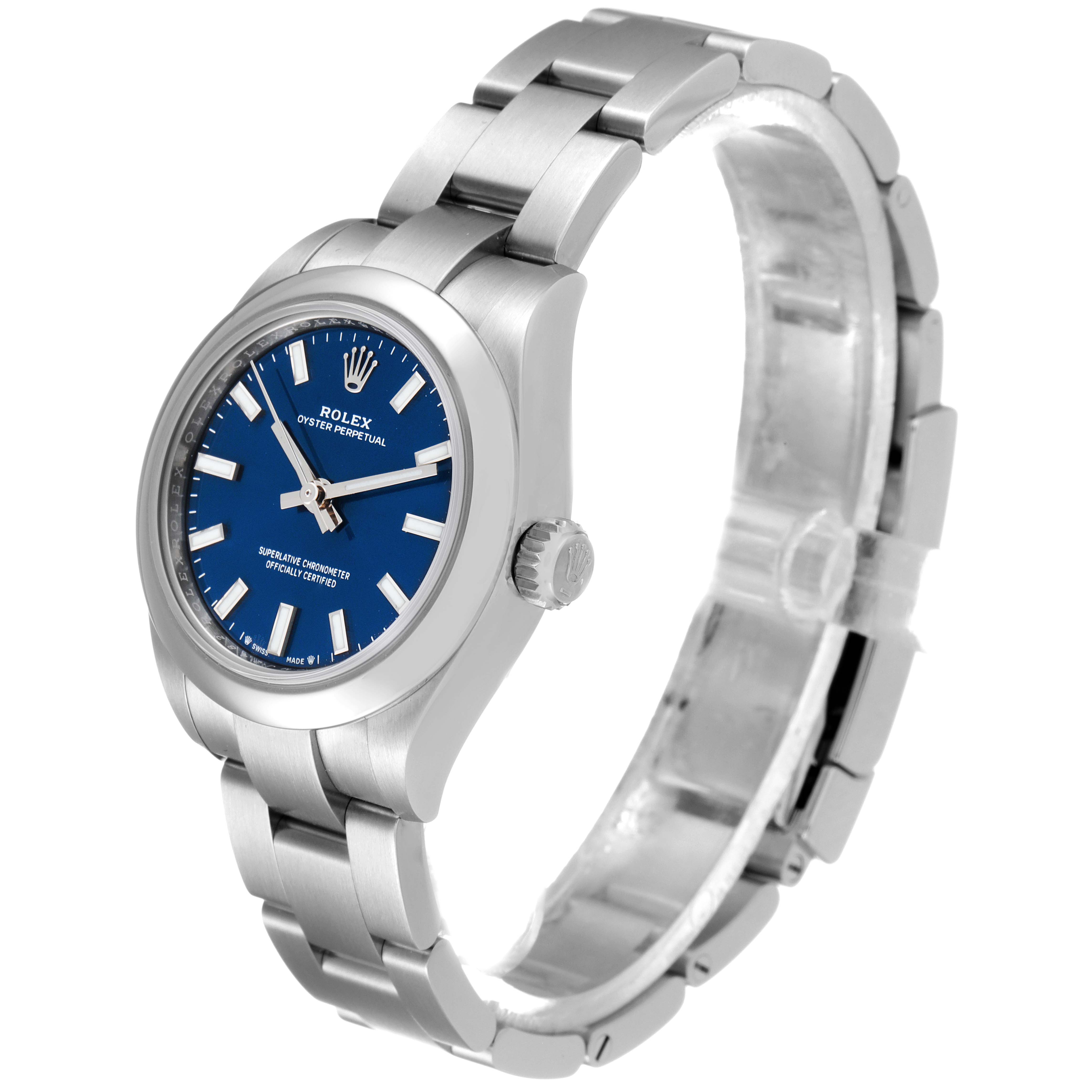 The image shows a Rolex Oyster Perpetual 276200 Women
s Stainless Steel Blue Dial 276200 Women
s Stainless Steel Blue Dial watch from a three-quarter angle, highlighting the face, crown, and part of the bracelet.