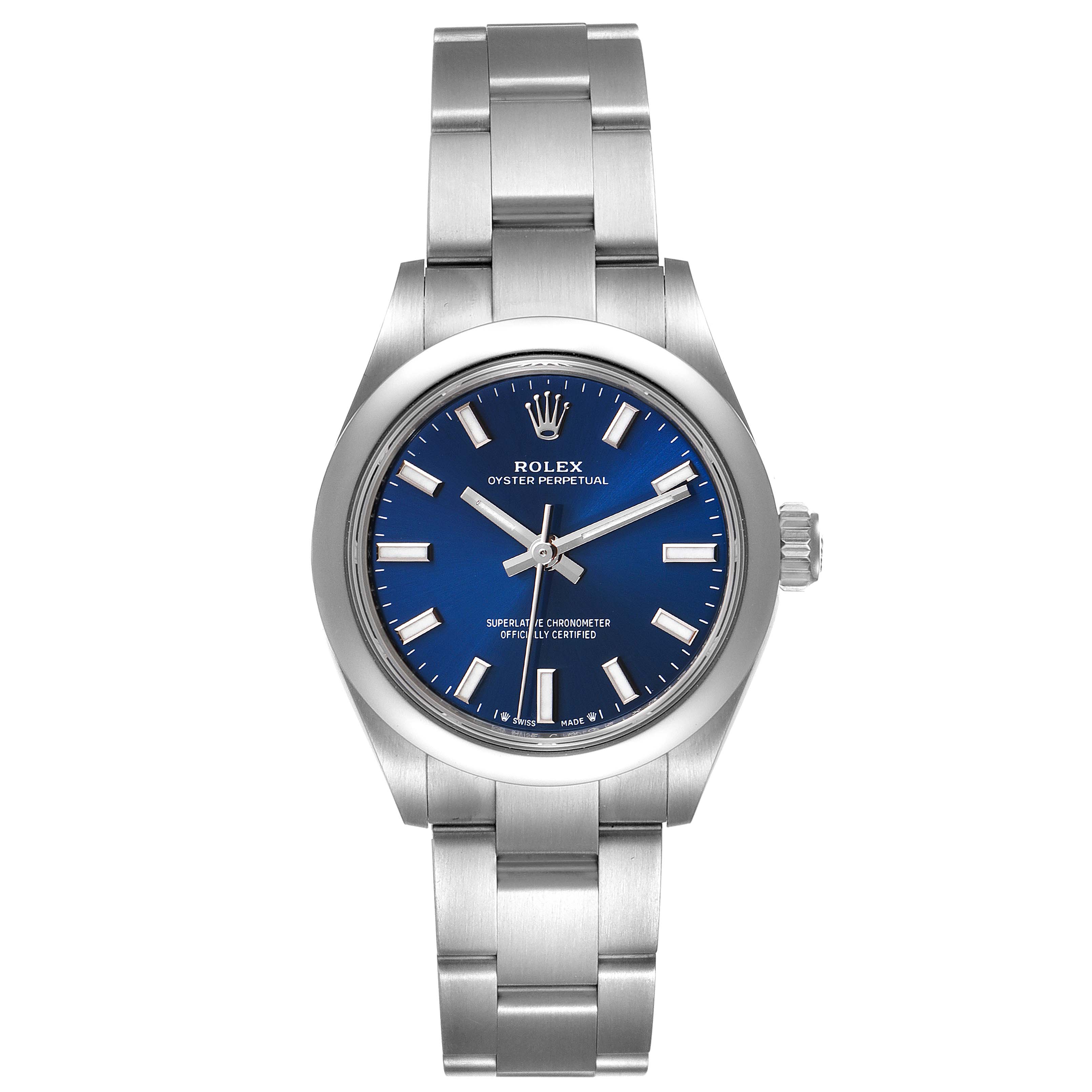 This image shows a front view of a Rolex Oyster Perpetual 276200 Women
s Stainless Steel Blue Dial 276200 Women
s Stainless Steel Blue Dial watch with a blue dial and silver metal bracelet.