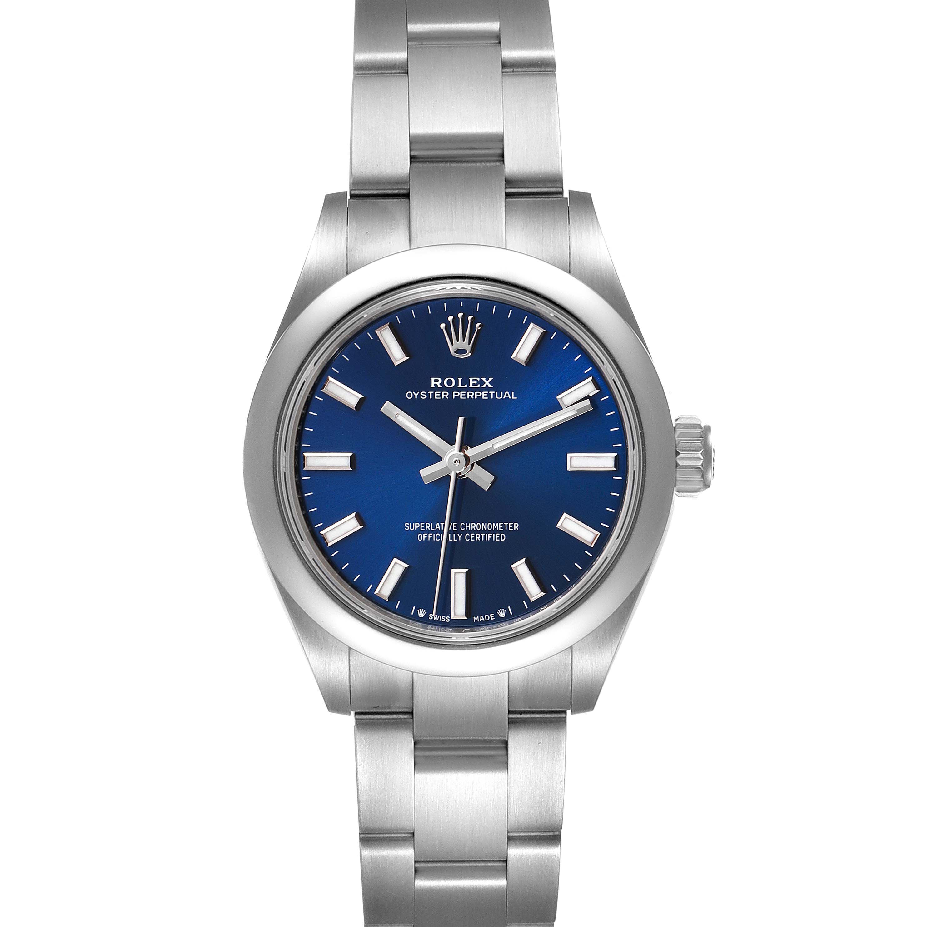 This image shows a front view of a Rolex Oyster Perpetual 276200 Women
s Stainless Steel Blue Dial 276200 Women
s Stainless Steel Blue Dial watch, highlighting its blue dial, stainless steel case, and bracelet.