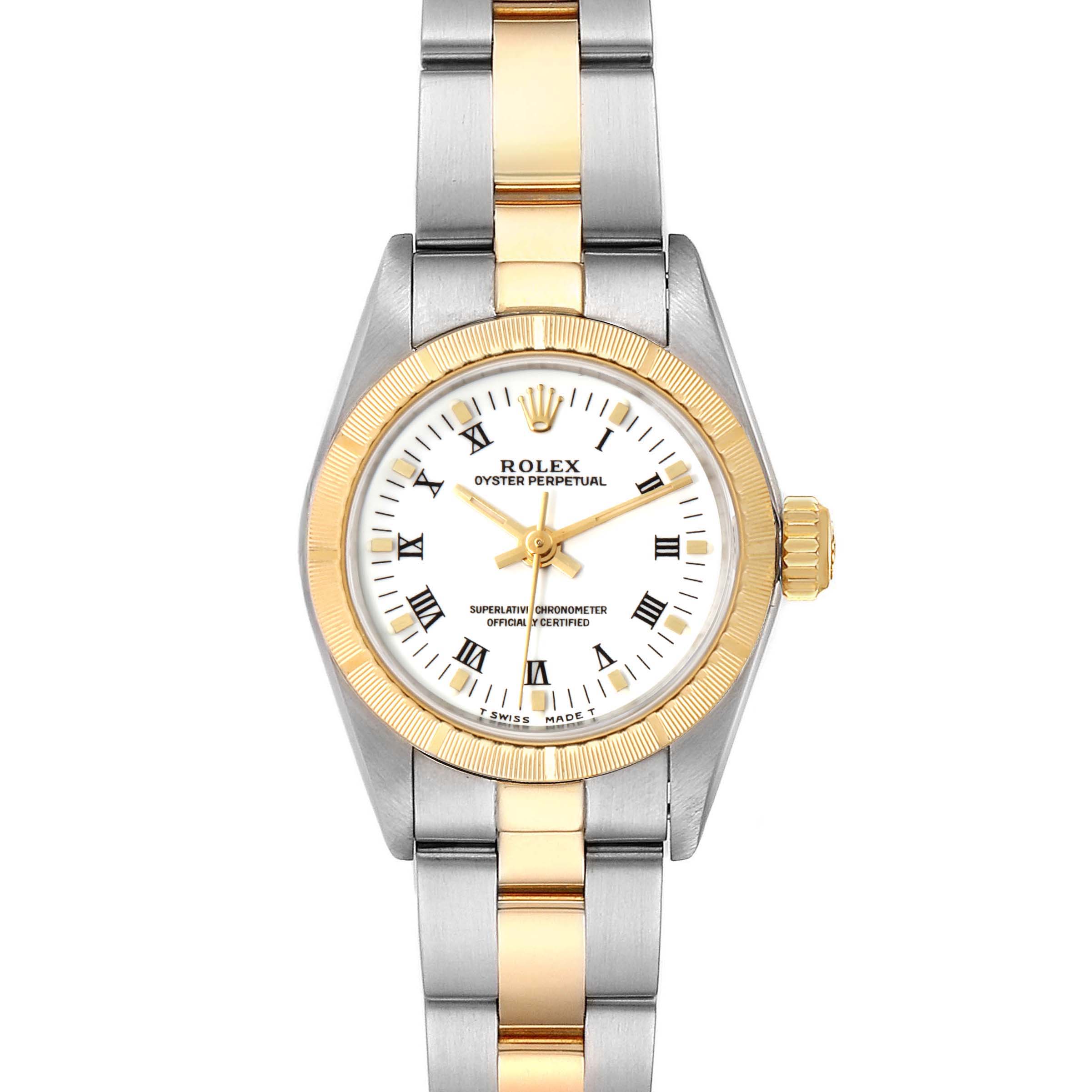 The image shows a front view of a Rolex Oyster Perpetual 67243 Women's Steel and Gold (two tone) White Dial 67243 Women's Steel and Gold (two tone) White Dial, displaying the face, bezel, and bracelet.