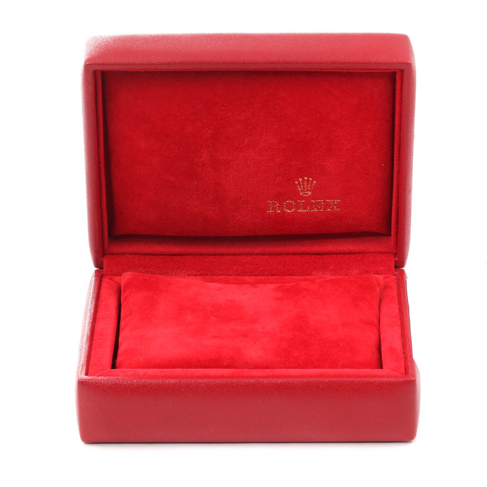 This image shows an open red Rolex box meant to hold the Oyster Perpetual watch model.