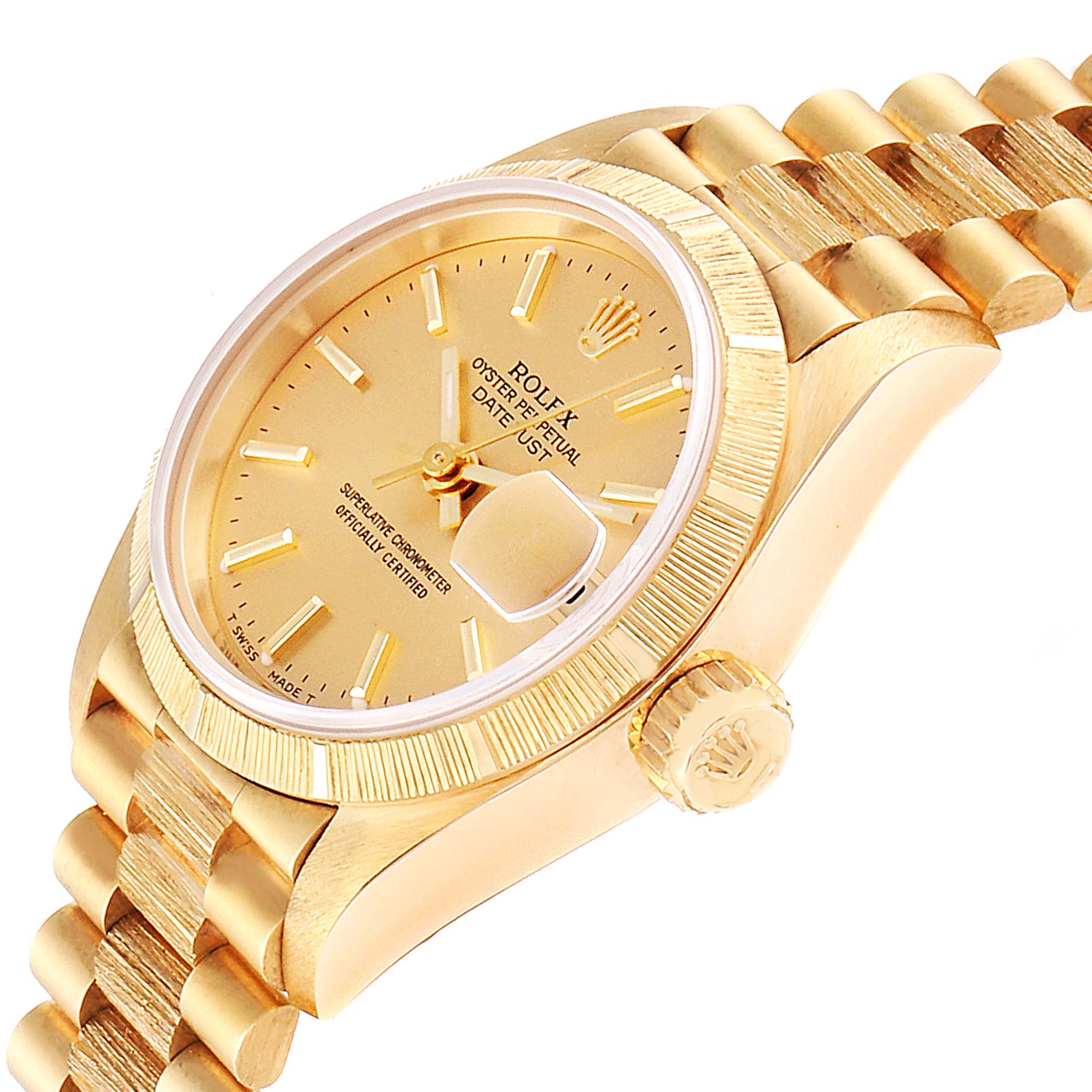 The image shows a gold Rolex President 69278 Women
s Yellow Gold Champagne Dial 69278 Women
s Yellow Gold Champagne Dial model watch from an oblique angle, displaying the dial, bezel, crown, and part of the bracelet.