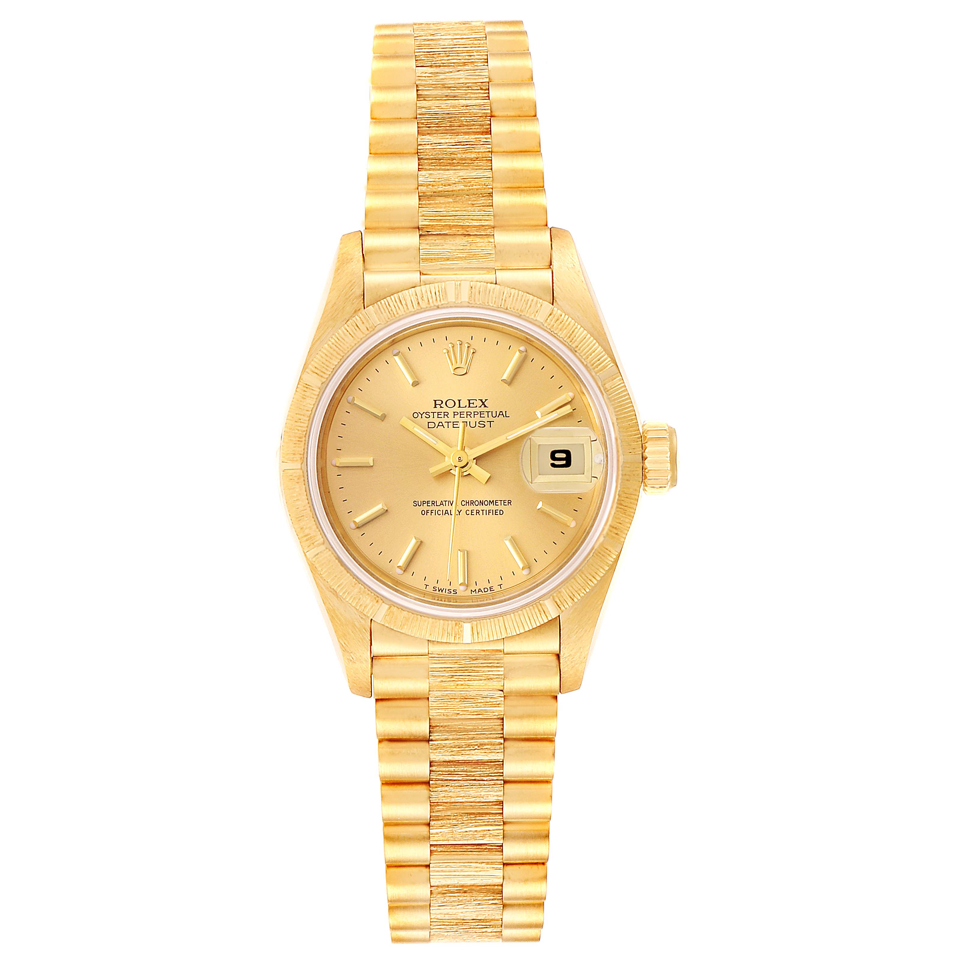 This image shows a Rolex President 69278 Women
s Yellow Gold Champagne Dial 69278 Women
s Yellow Gold Champagne Dial model watch, viewed from the front, displaying its face, band, and date window.