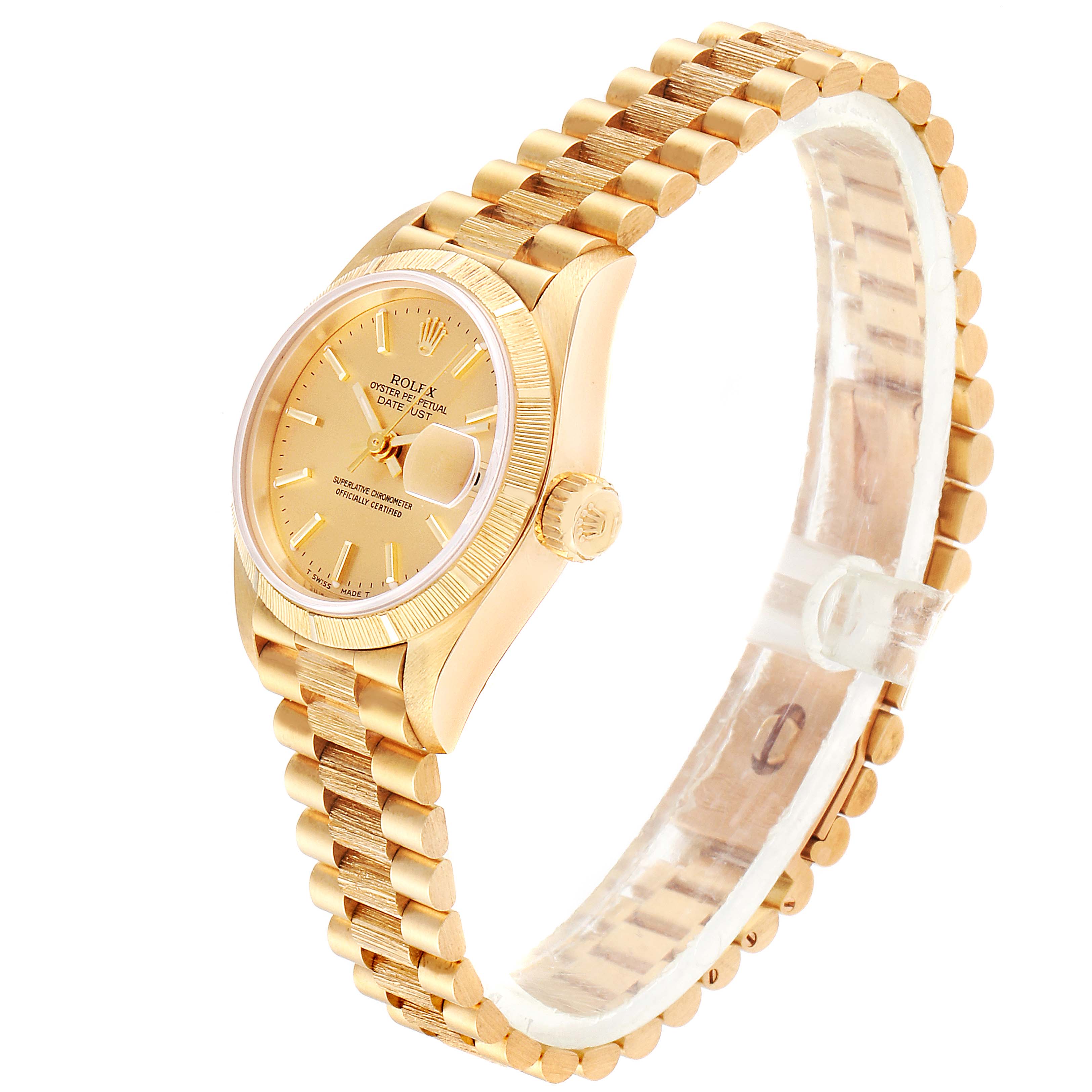This Rolex President 69278 Women
s Yellow Gold Champagne Dial 69278 Women
s Yellow Gold Champagne Dial model watch is shown at a slight angle, highlighting its gold case, crown, bracelet, and dial.