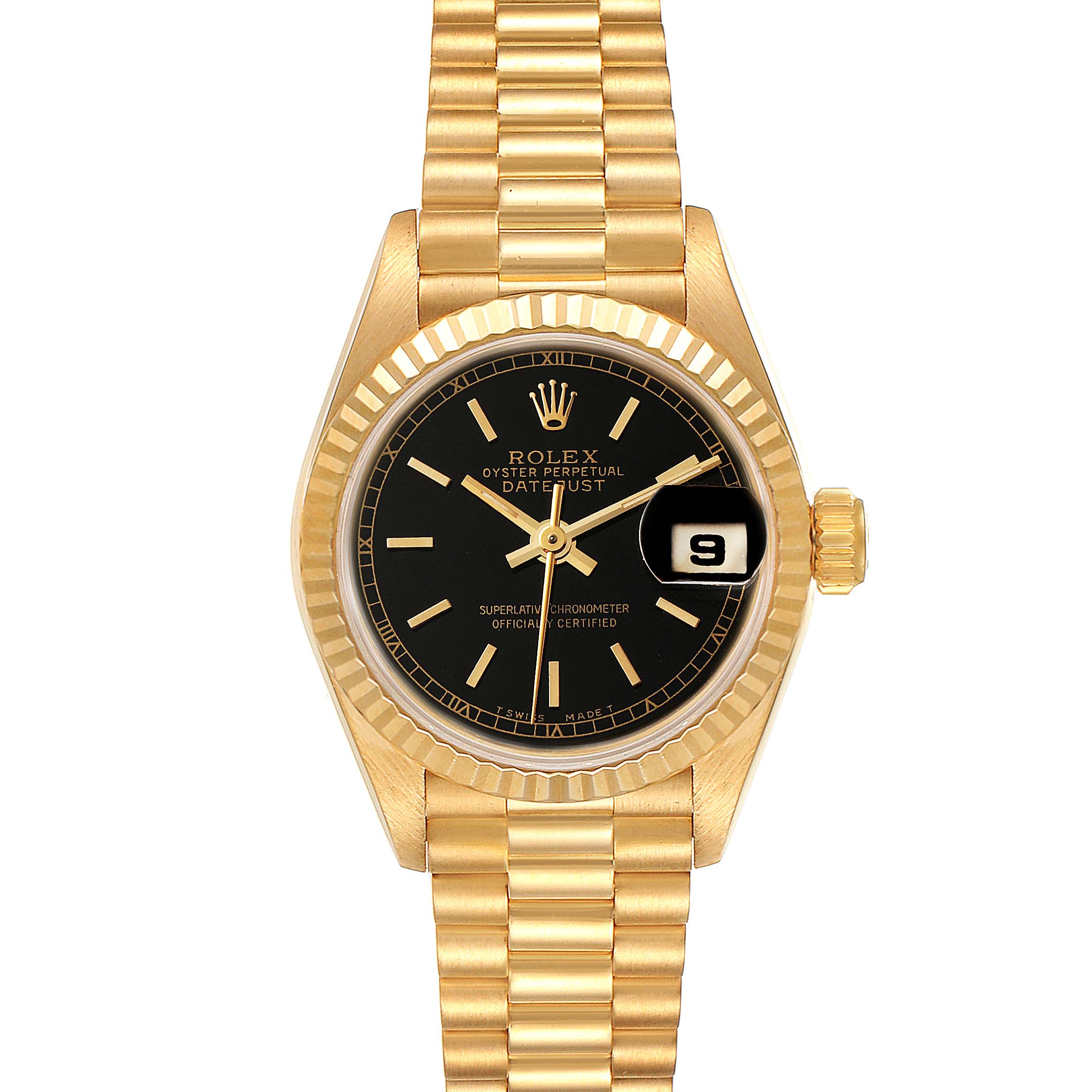 The image shows a Rolex President 69178 Women's Yellow Gold Black Dial 69178 Women's Yellow Gold Black Dial model watch with a gold bracelet, black dial, fluted bezel, and date display at the 3 o'clock position.