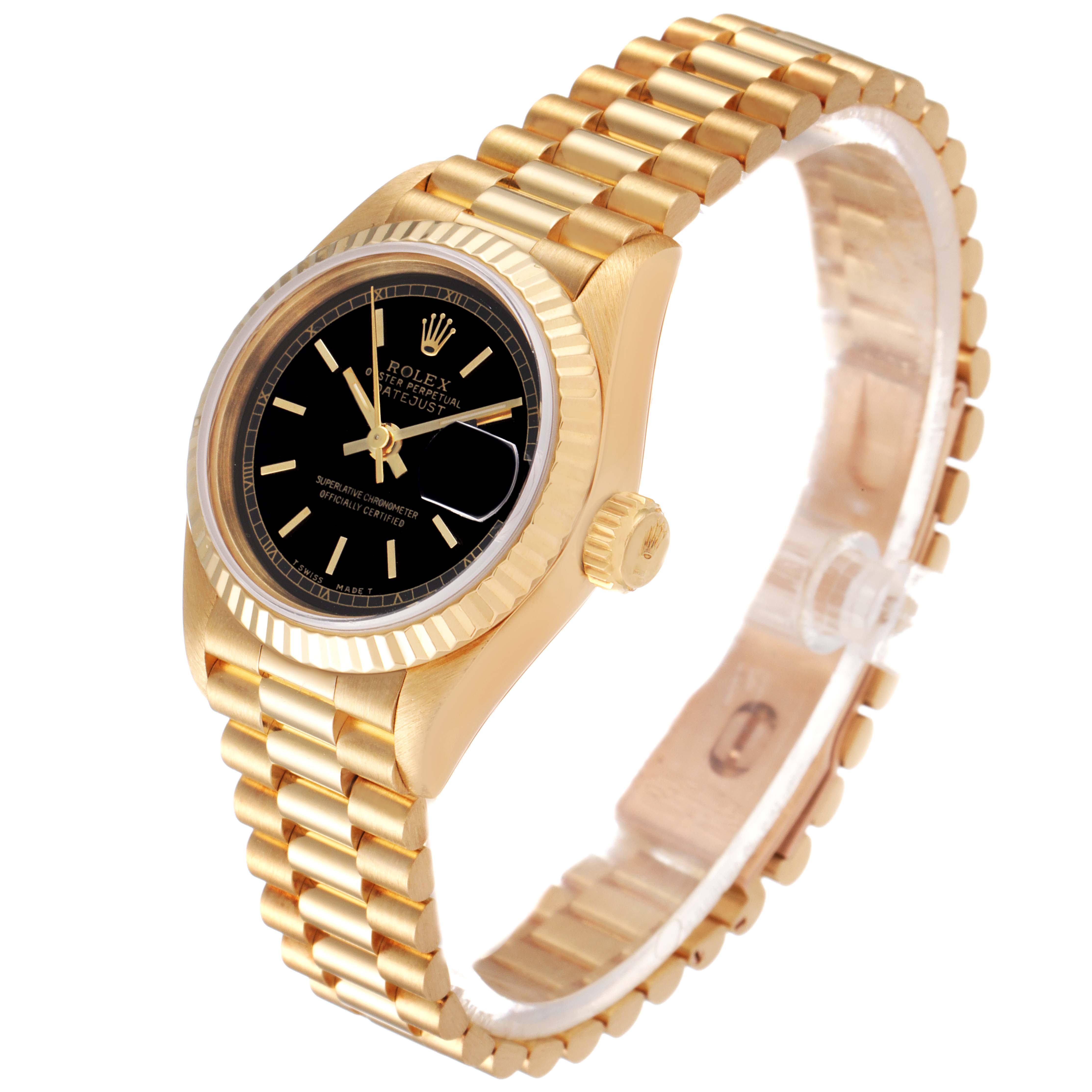 This image shows an angled side view of the Rolex President 69178 Women's Yellow Gold Black Dial 69178 Women's Yellow Gold Black Dial model watch, highlighting its gold case, bracelet, and black dial.