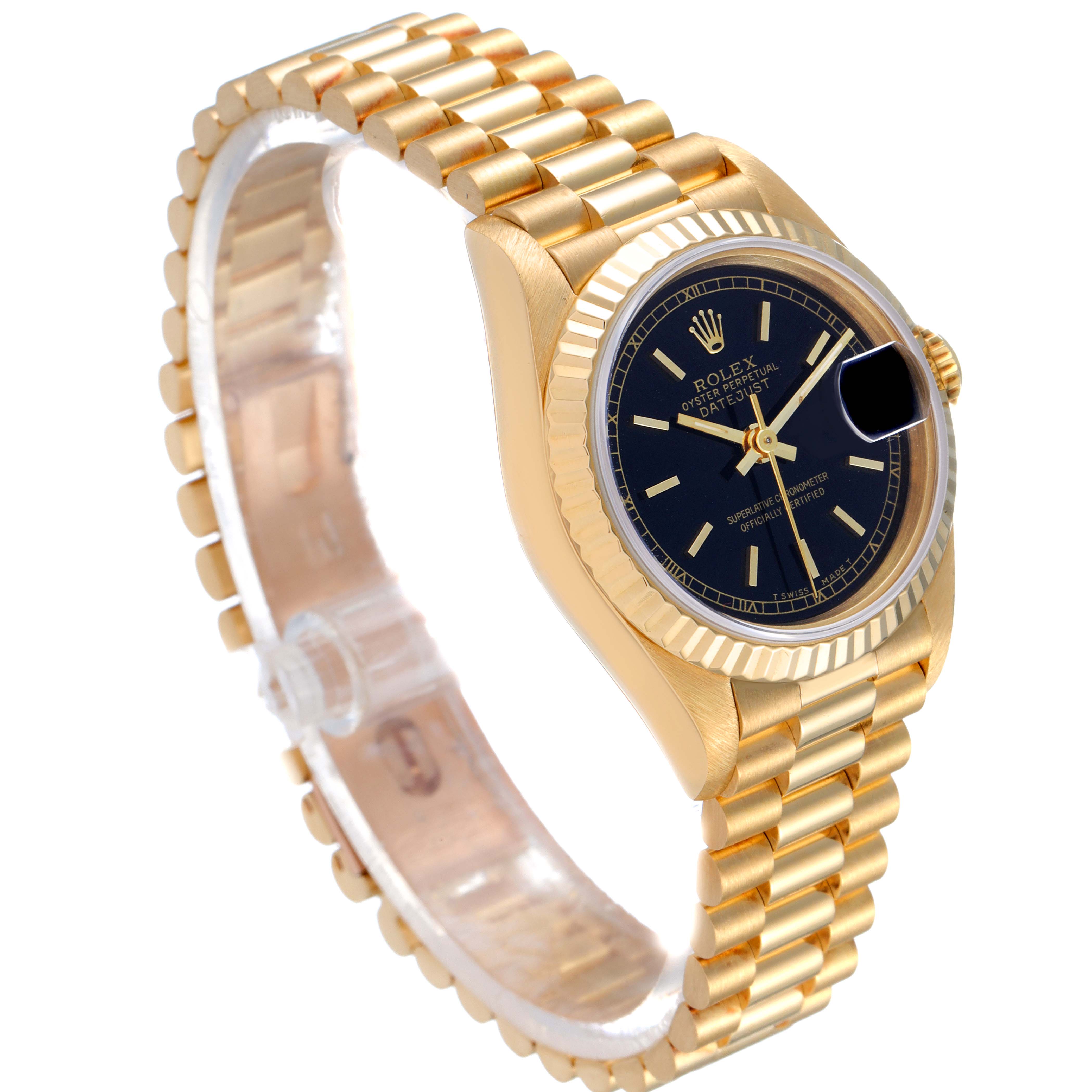 The image shows an angled view of a Rolex President 69178 Women's Yellow Gold Black Dial 69178 Women's Yellow Gold Black Dial model watch, highlighting its gold bracelet, bezel, and black dial.