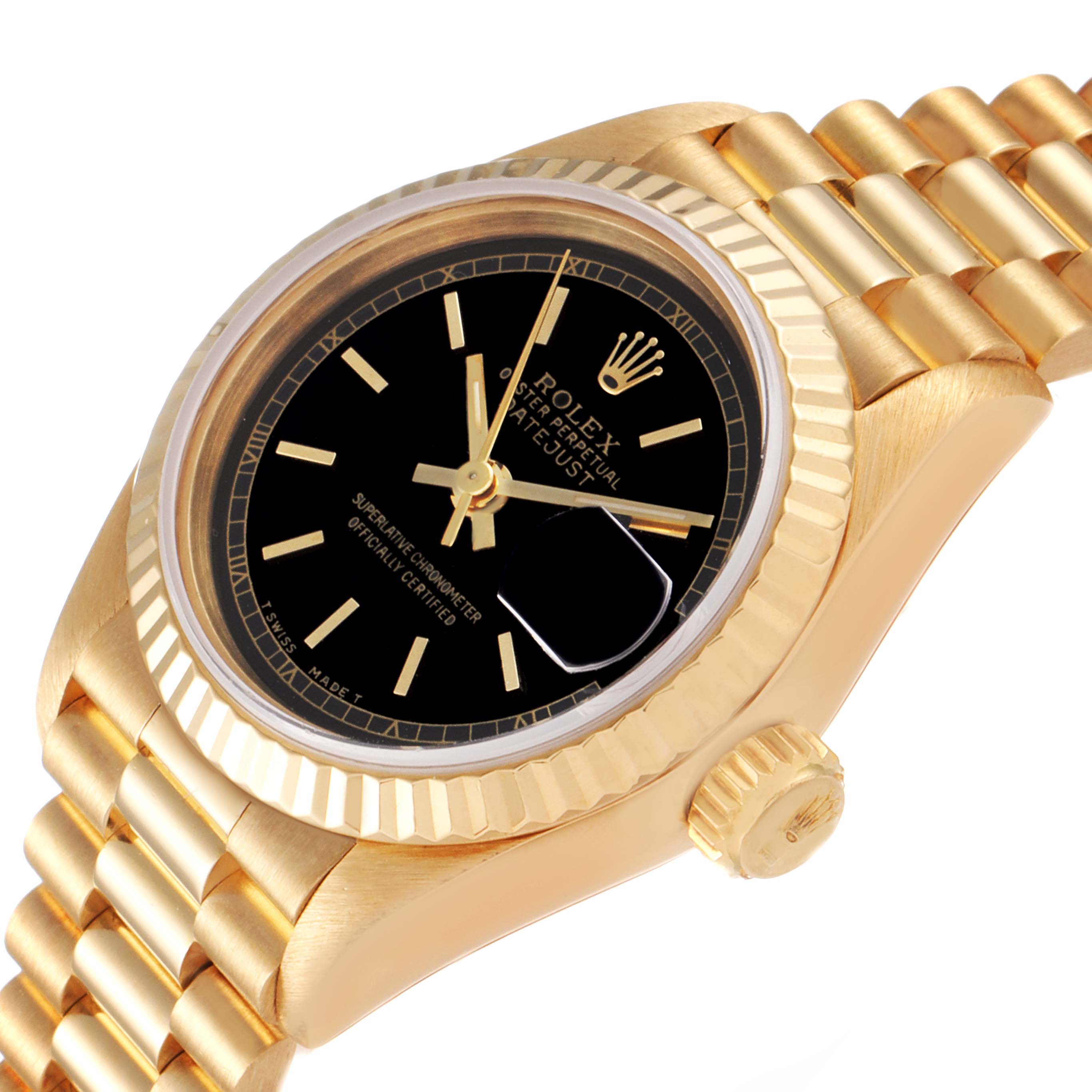 The image shows a close-up of a Rolex President 69178 Women's Yellow Gold Black Dial 69178 Women's Yellow Gold Black Dial model watch at an angled view, highlighting the black dial, fluted bezel, and part of the bracelet.