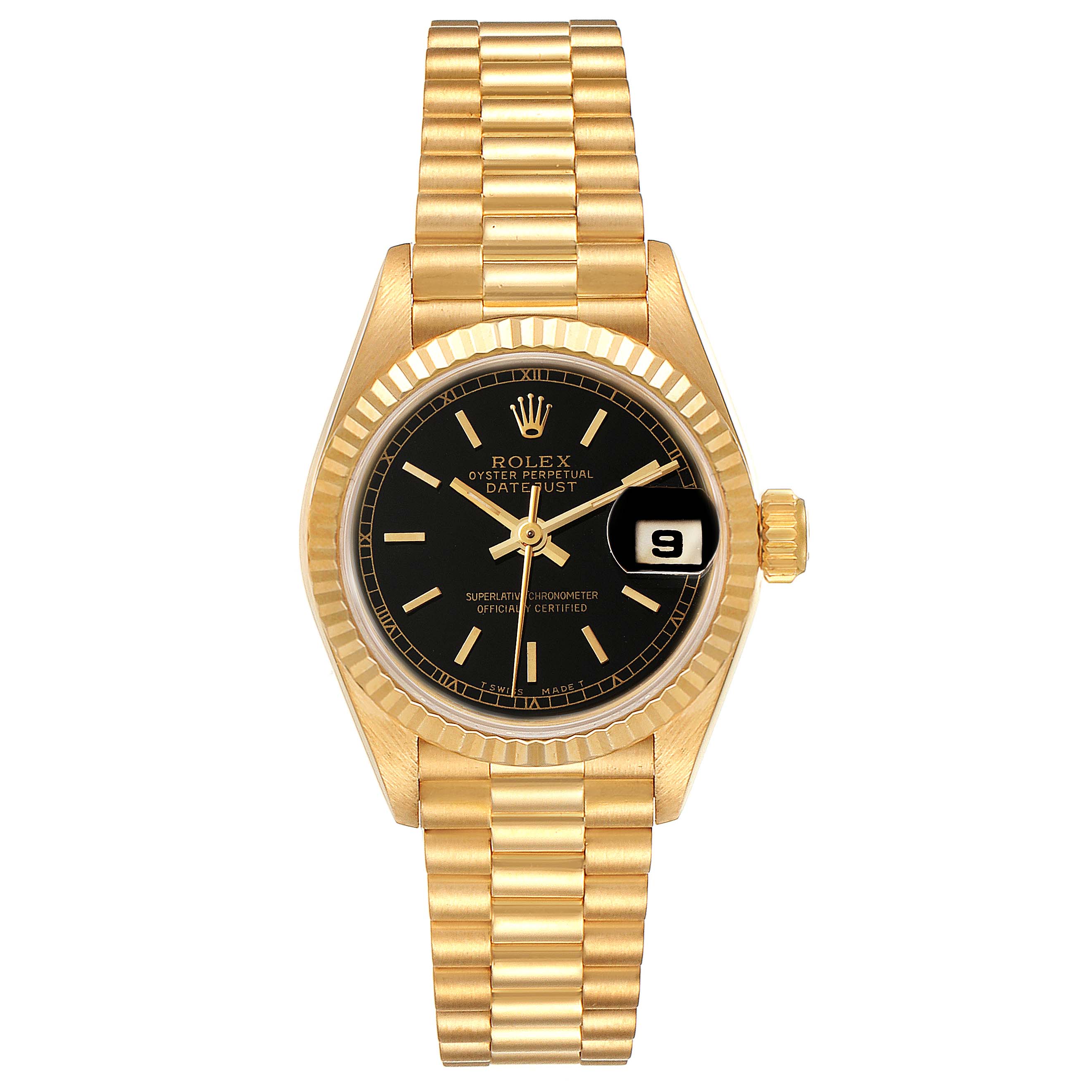 The image shows a Rolex President 69178 Women's Yellow Gold Black Dial 69178 Women's Yellow Gold Black Dial model watch from a top view, highlighting the dial, bezel, bracelet, and date display.