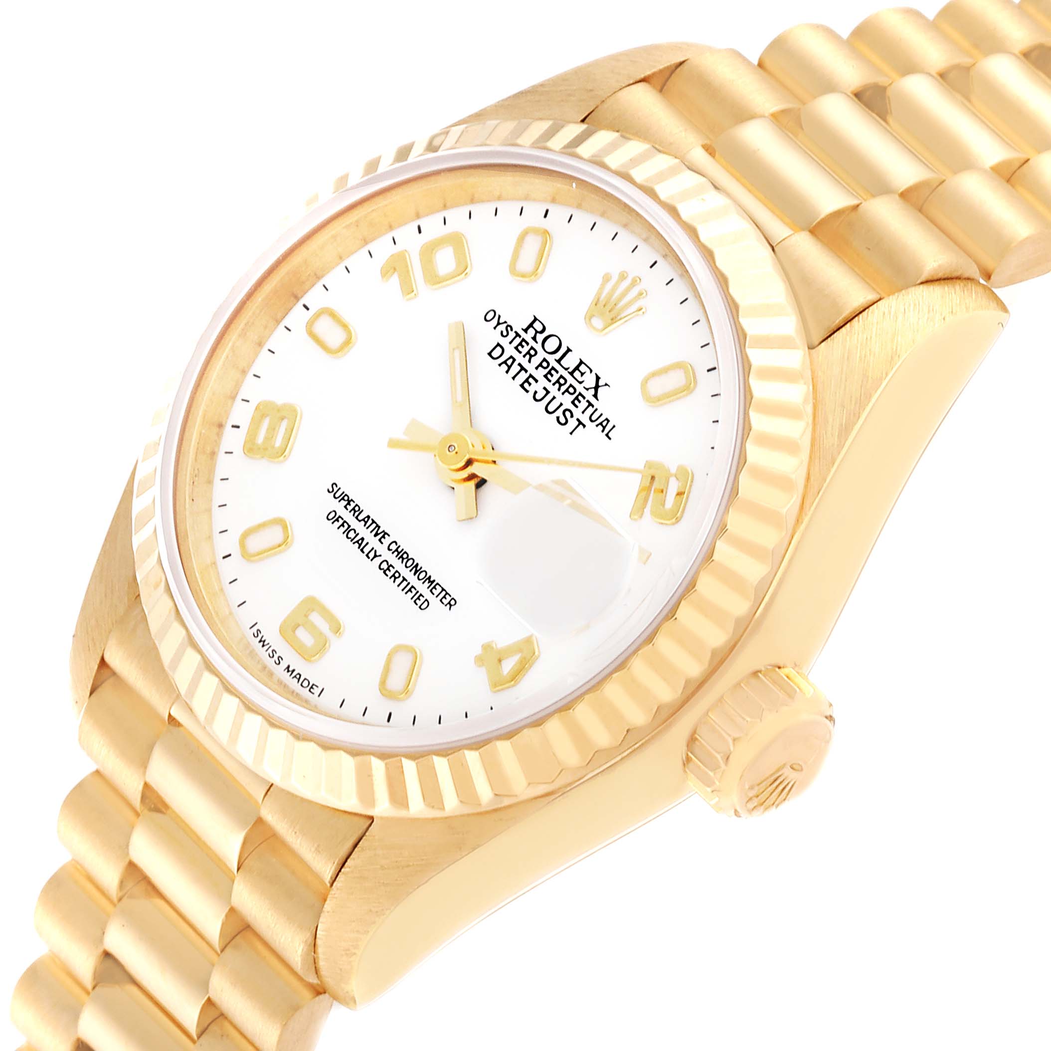 The image shows a side angle of a Rolex President 69178 Women's Yellow Gold White Dial 69178 Women's Yellow Gold White Dial model watch, highlighting the face, bezel, crown, and band.