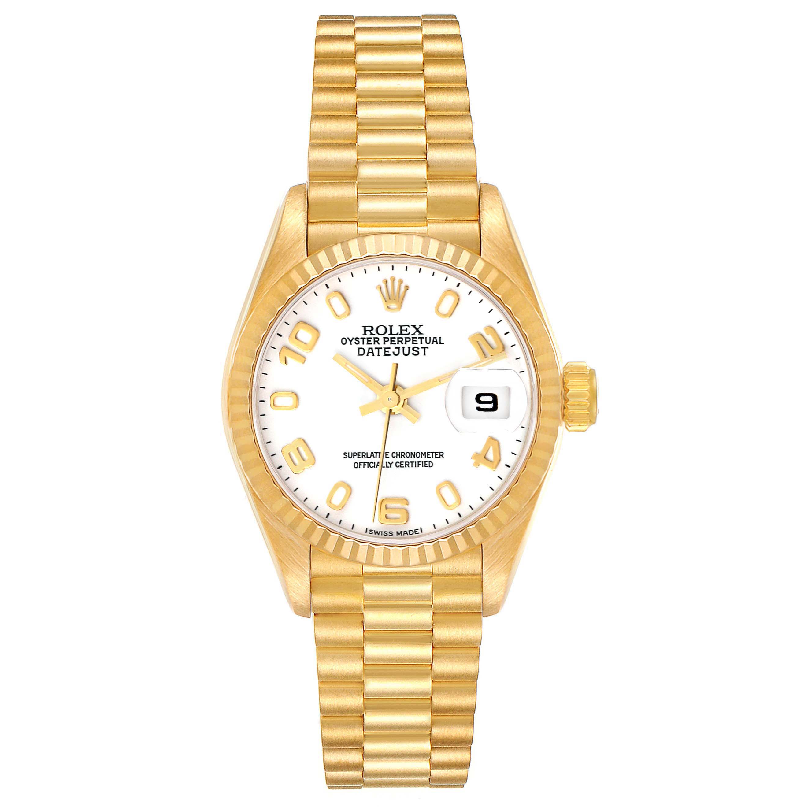 The Rolex President 69178 Women's Yellow Gold White Dial 69178 Women's Yellow Gold White Dial model watch is shown from a top view, displaying the bracelet, face, bezel, and crown.