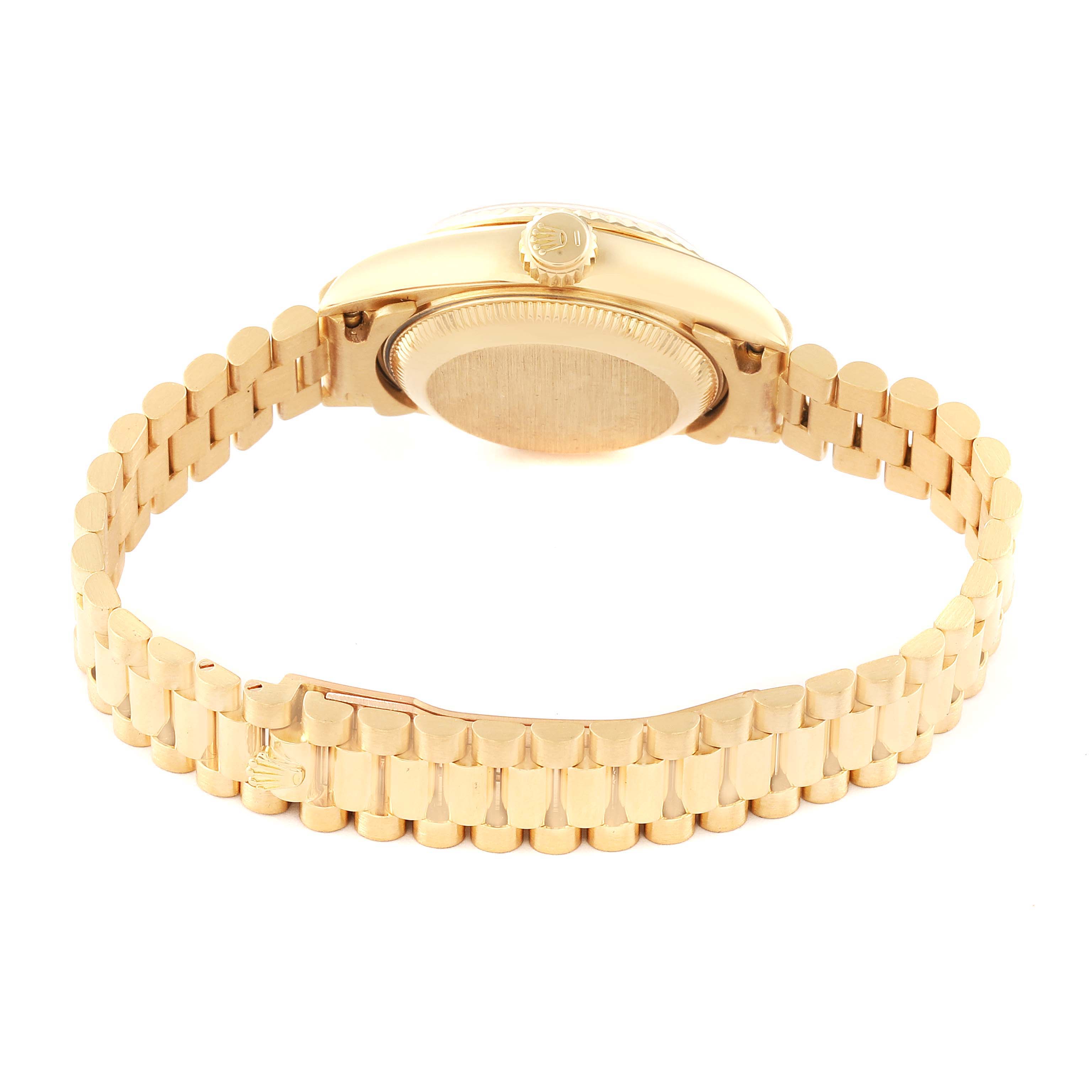 The image shows the back view, bracelet, case, and crown of the Rolex President 69178 Women's Yellow Gold White Dial 69178 Women's Yellow Gold White Dial model watch.