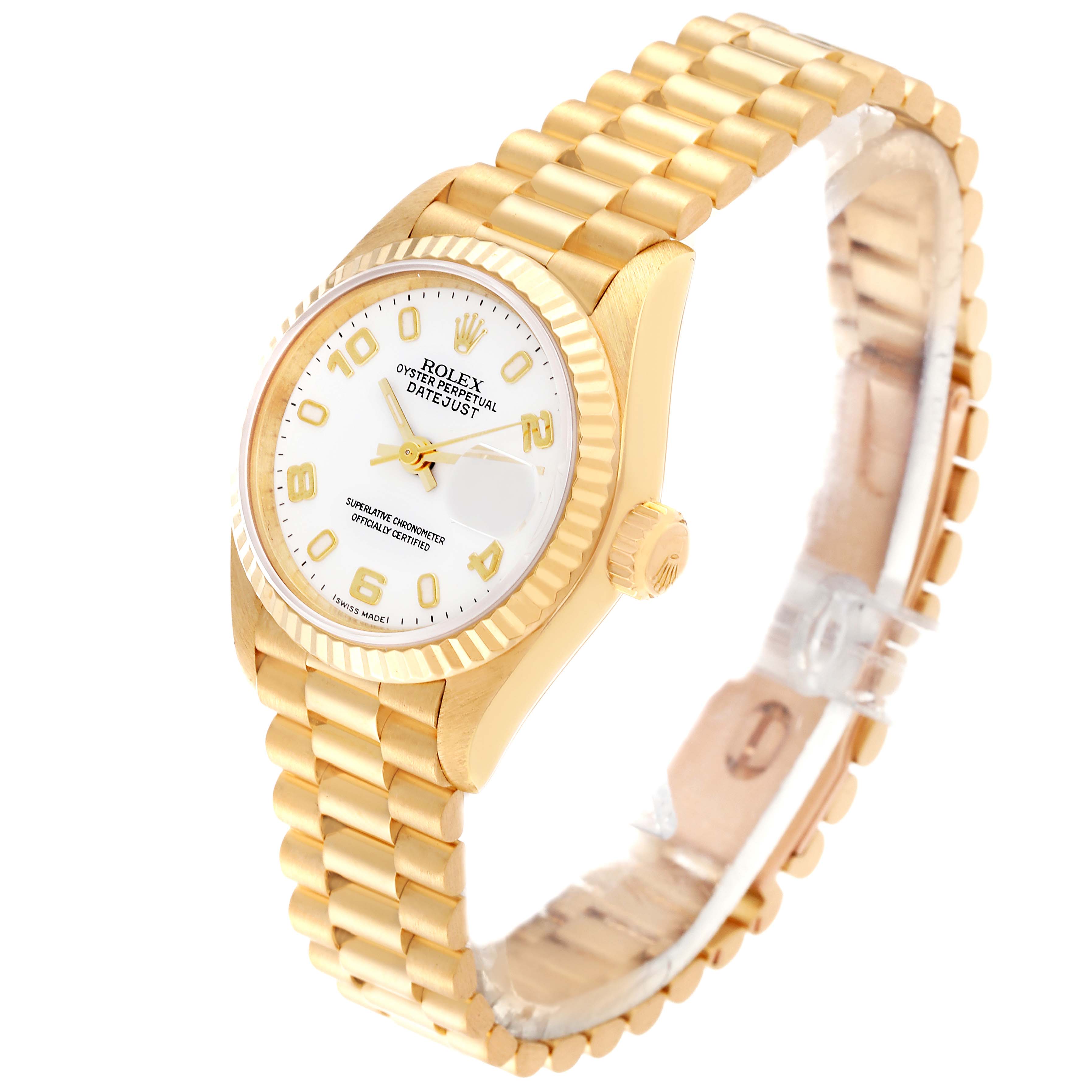 The image shows a side angle of a Rolex President 69178 Women's Yellow Gold White Dial 69178 Women's Yellow Gold White Dial model watch, highlighting its band, dial, crown, and bracelet.