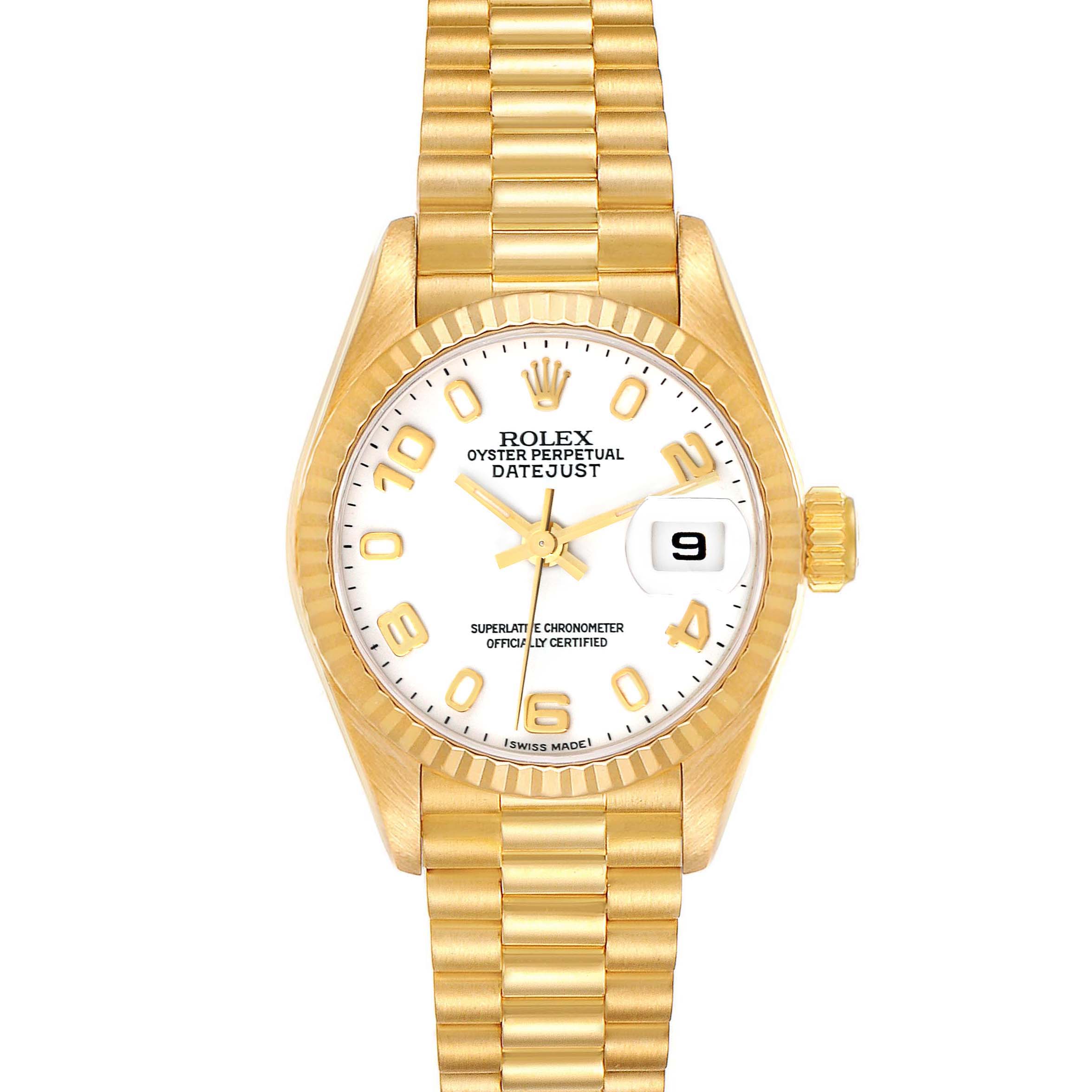 The image shows a front view of the Rolex President 69178 Women's Yellow Gold White Dial 69178 Women's Yellow Gold White Dial Oyster Perpetual Datejust watch, highlighting its face and bracelet.