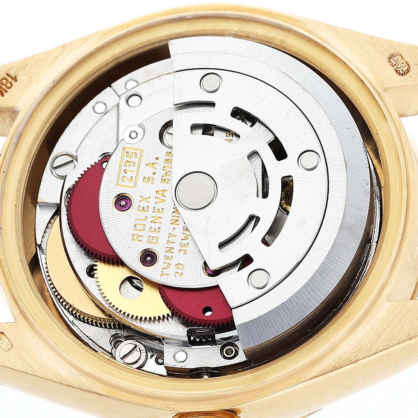 This image shows the inner mechanical movement of the Rolex President 69178 Women's Yellow Gold White Dial 69178 Women's Yellow Gold White Dial model watch from a back angle.