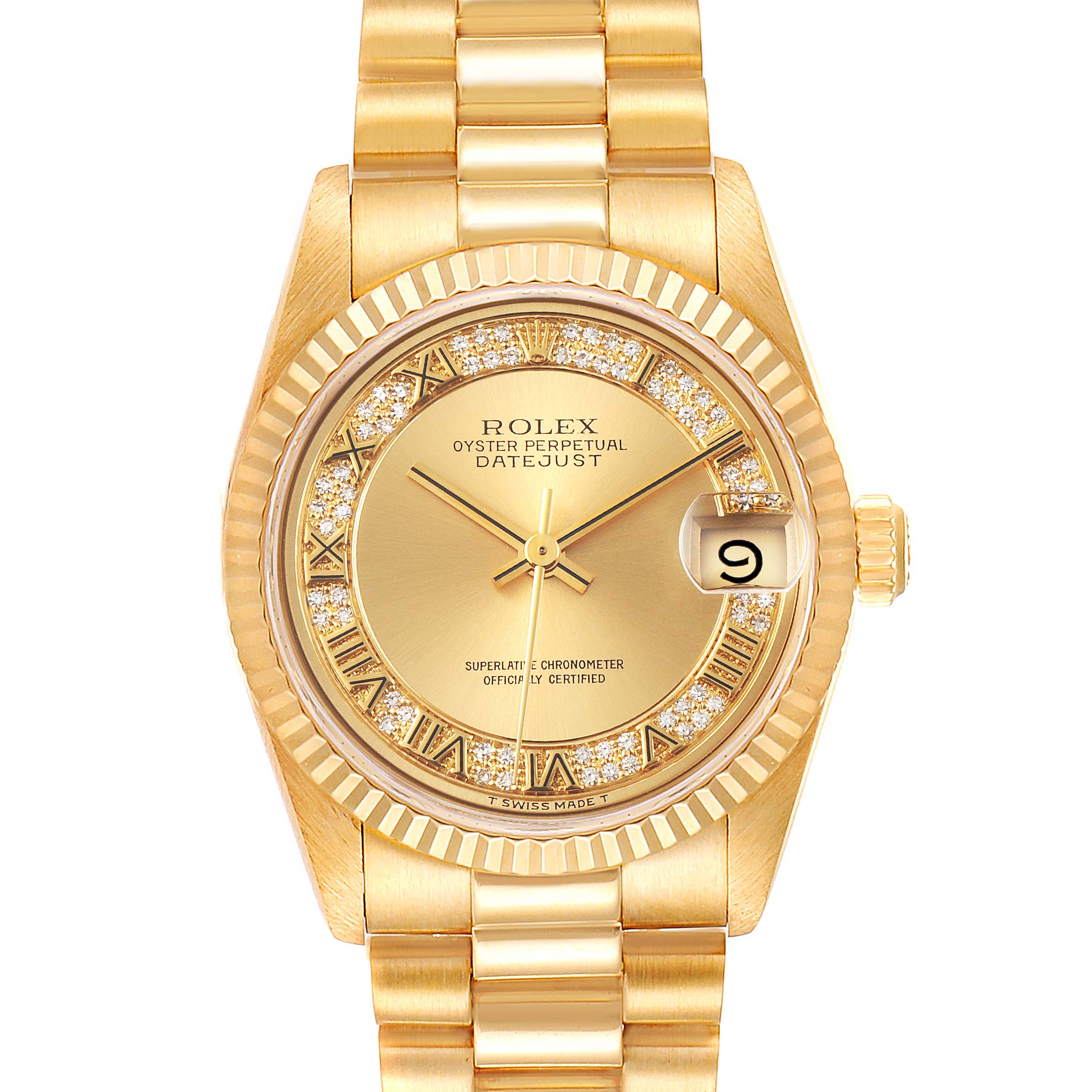 The image shows a frontal view of the Rolex President 68278 Women
s Yellow Gold Champagne Dial 68278 Women
s Yellow Gold Champagne Dial model watch, highlighting its gold bracelet, bezel, and dial with a date window.