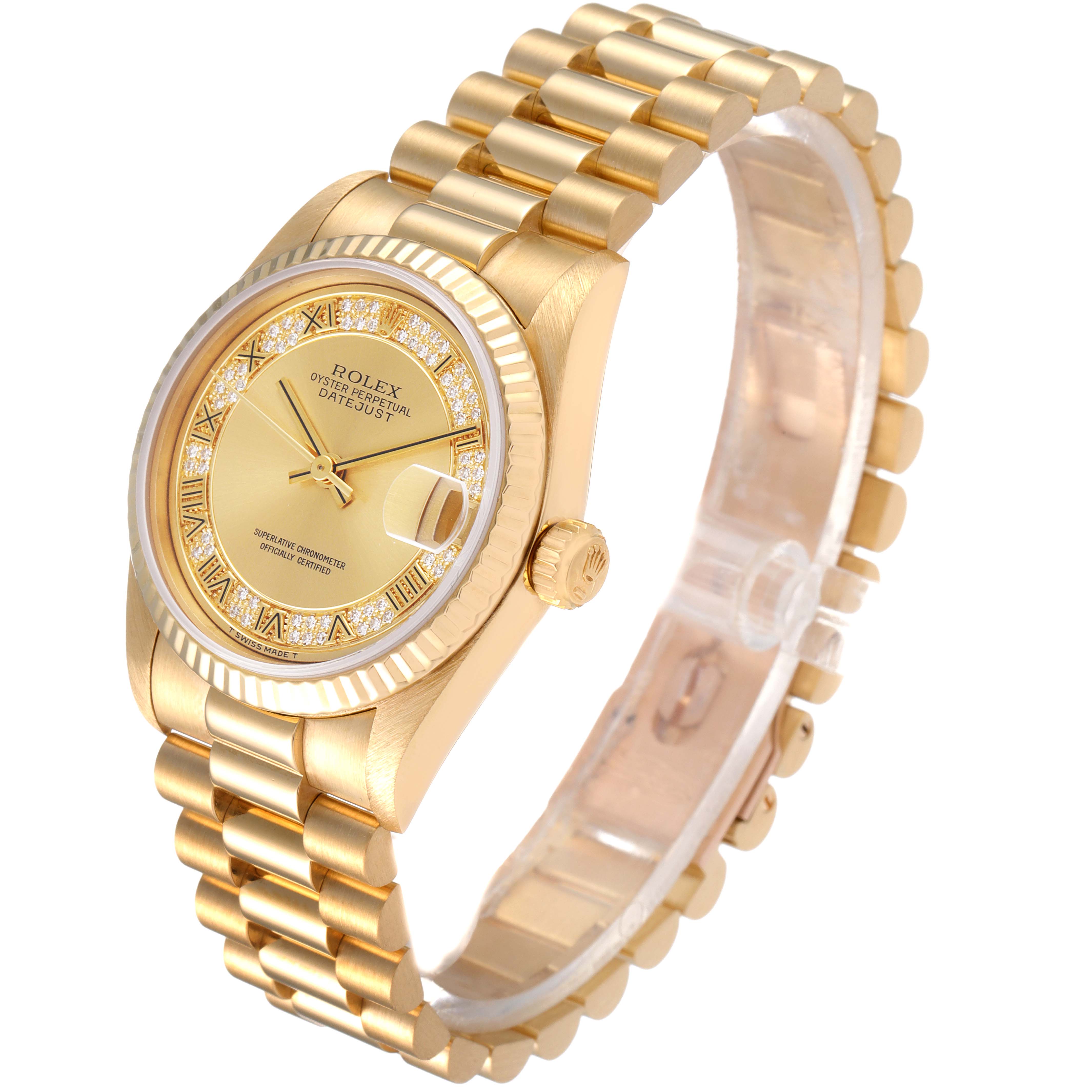 This image shows a side angle of the Rolex President 68278 Women
s Yellow Gold Champagne Dial 68278 Women
s Yellow Gold Champagne Dial model watch, highlighting the gold band and diamond-accented face.