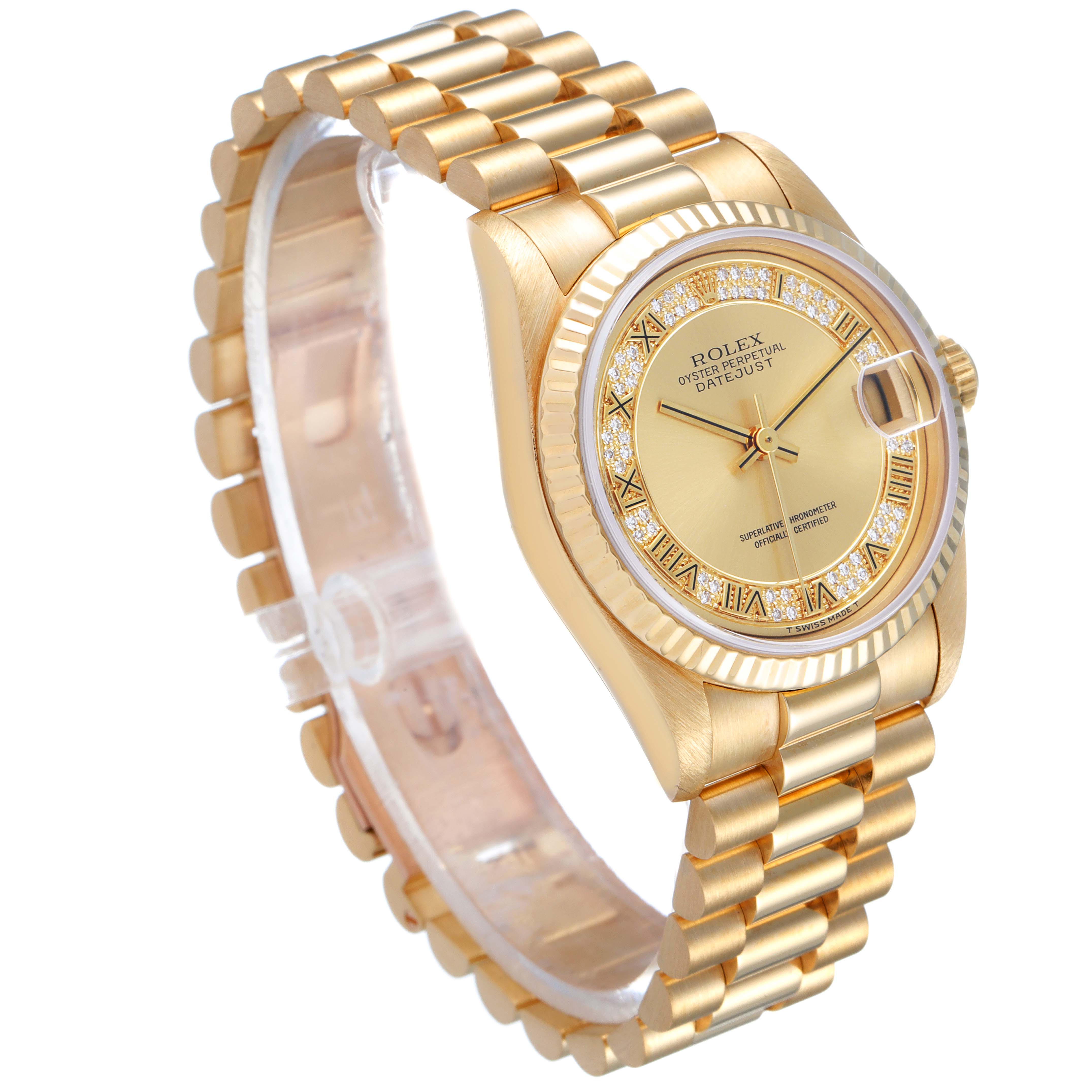 This image shows a side angle of a Rolex President 68278 Women
s Yellow Gold Champagne Dial 68278 Women
s Yellow Gold Champagne Dial model watch, highlighting the gold bracelet, bezel, and dial.