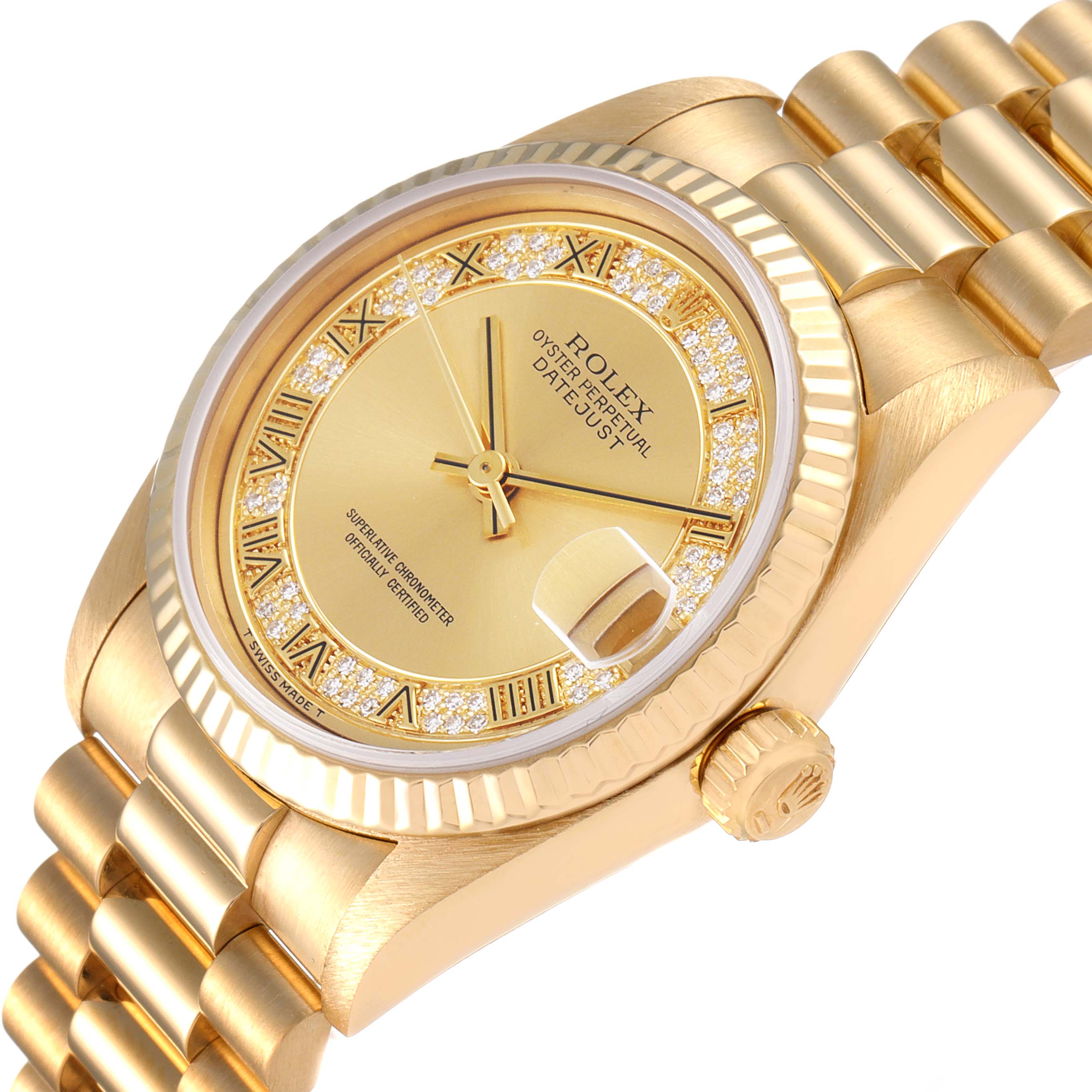 The image shows a gold Rolex President 68278 Women
s Yellow Gold Champagne Dial 68278 Women
s Yellow Gold Champagne Dial model watch from an oblique angle, highlighting the dial, crown, and bracelet.