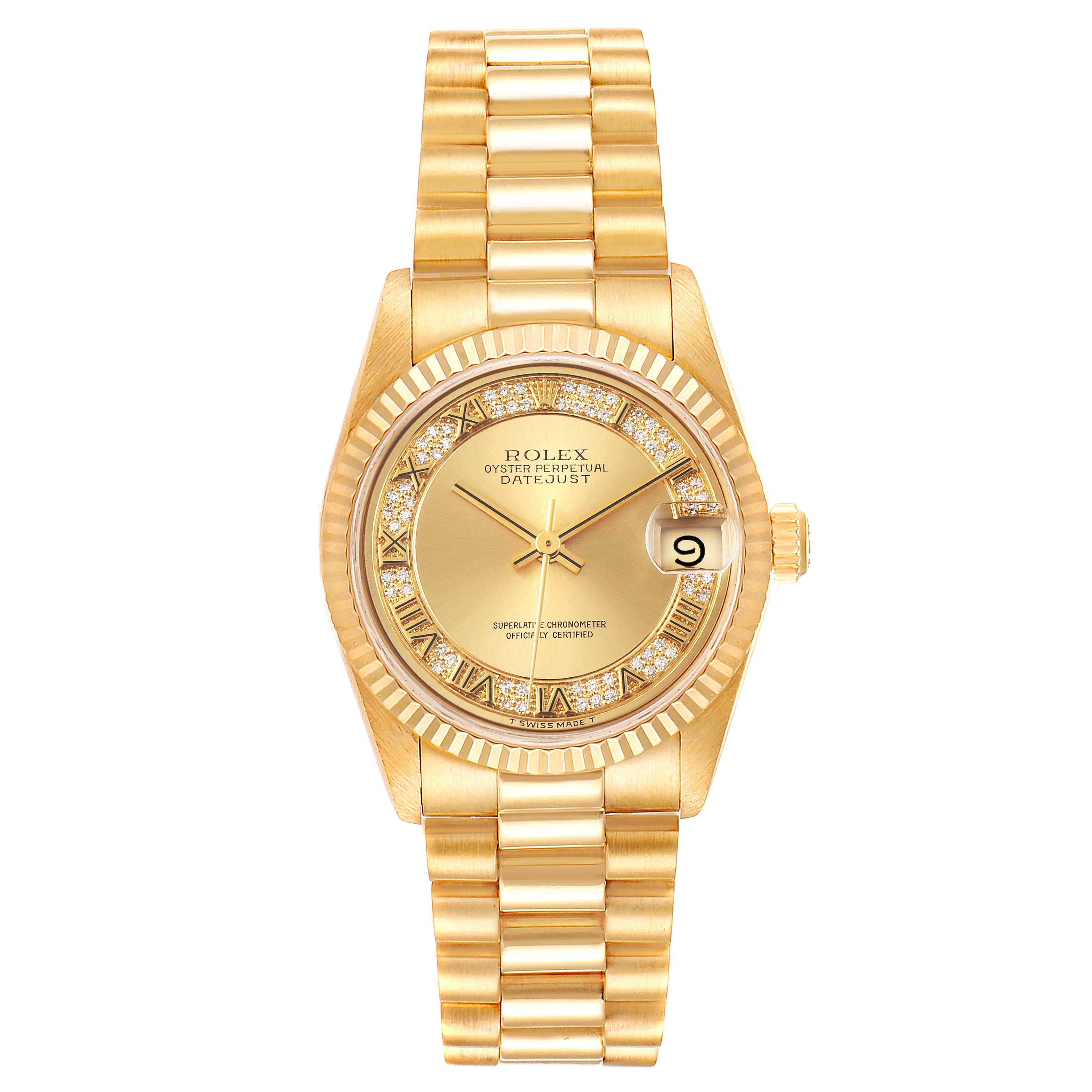This image shows a front view of the Rolex President 68278 Women
s Yellow Gold Champagne Dial 68278 Women
s Yellow Gold Champagne Dial model watch displaying its dial, bezel, bracelet, and date indicator.
