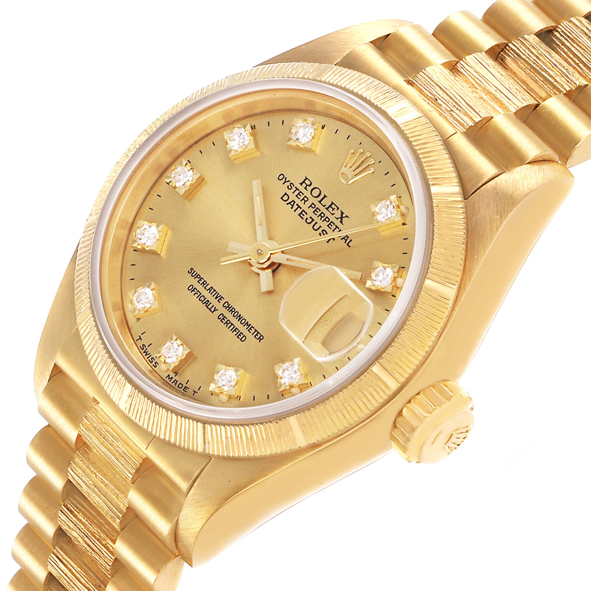 The Rolex President 69278 Women's Yellow Gold Champagne Dial model watch is shown at a three-quarter angle, highlighting the gold bracelet, dial, and crown.
